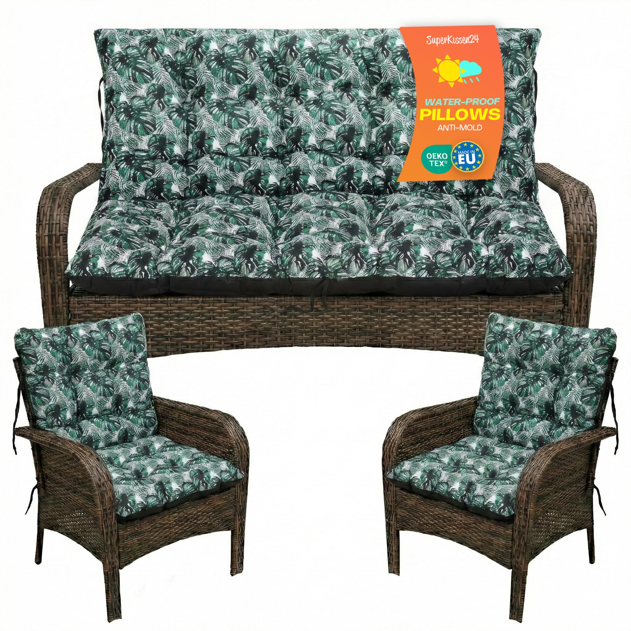 SuperKissen24. Coussin Dossier pour Banc de Jardin Canapé - 120x50 cm et Appui 120x60 cm + 2X 48x96 cm Coussin de Chaise Longue - Bain de Soleil - Intérieur/Extérieur - Imperméable - Exotic