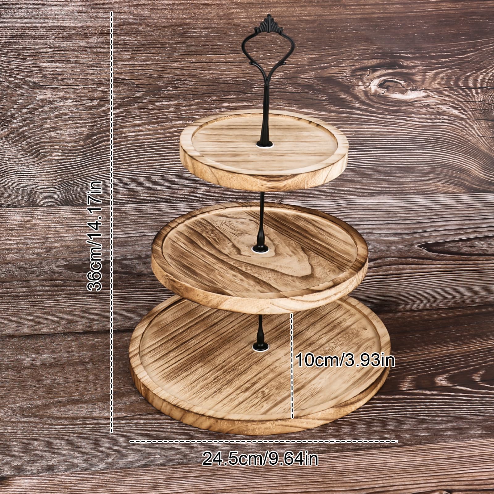 Supporto per torte a 3 ripiani, in legno, con manico in metallo, supporto per cupcakes e decorazioni da tavolo