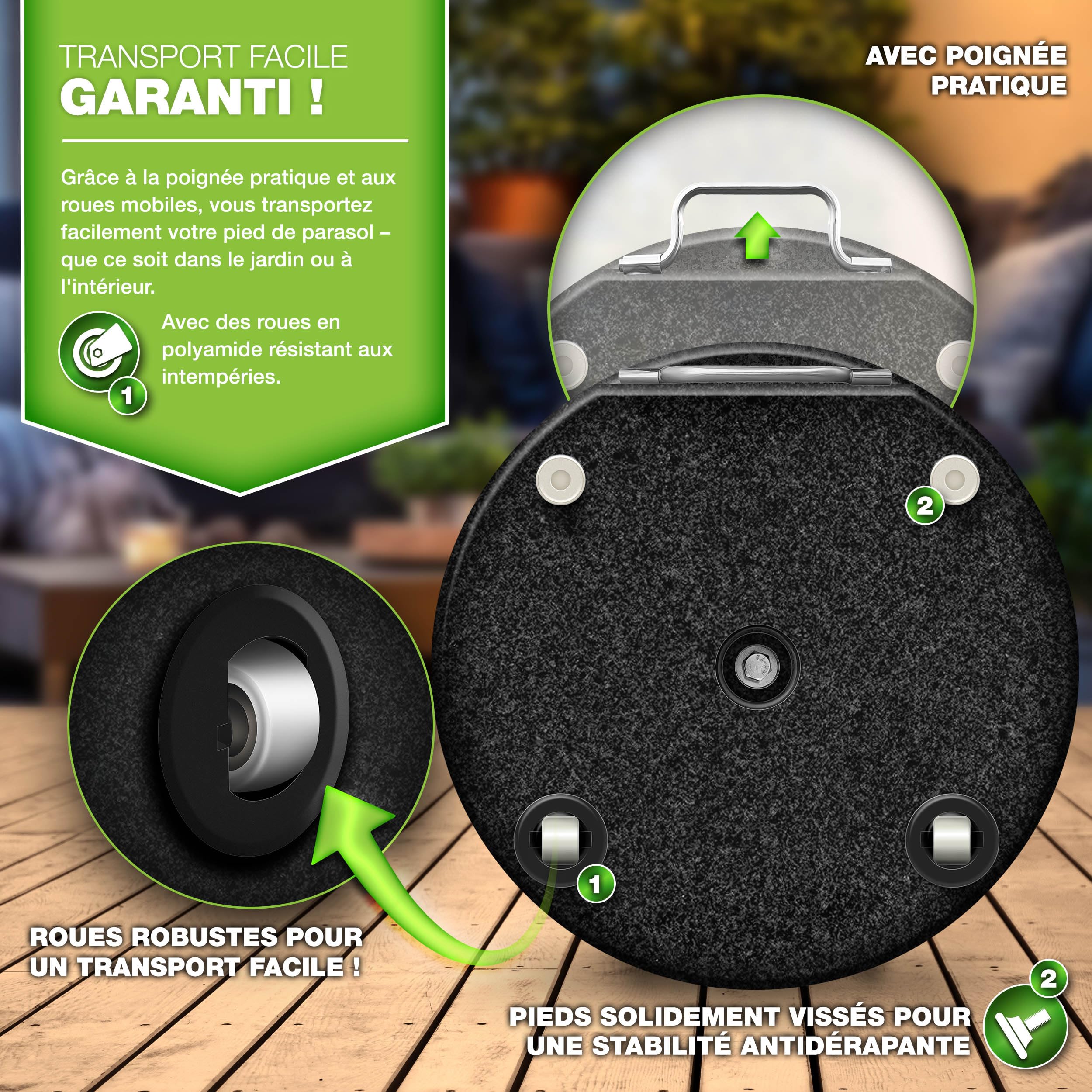 tillvex® Pied de Parasol Rond en Granit avec roulettes - 27 kg | avec Tube en Acier Inoxydable | Parasol Lestage Pieds Base pour pour Parasol déporté mâts de 16 à 48 mm et 250 cm de diamètre