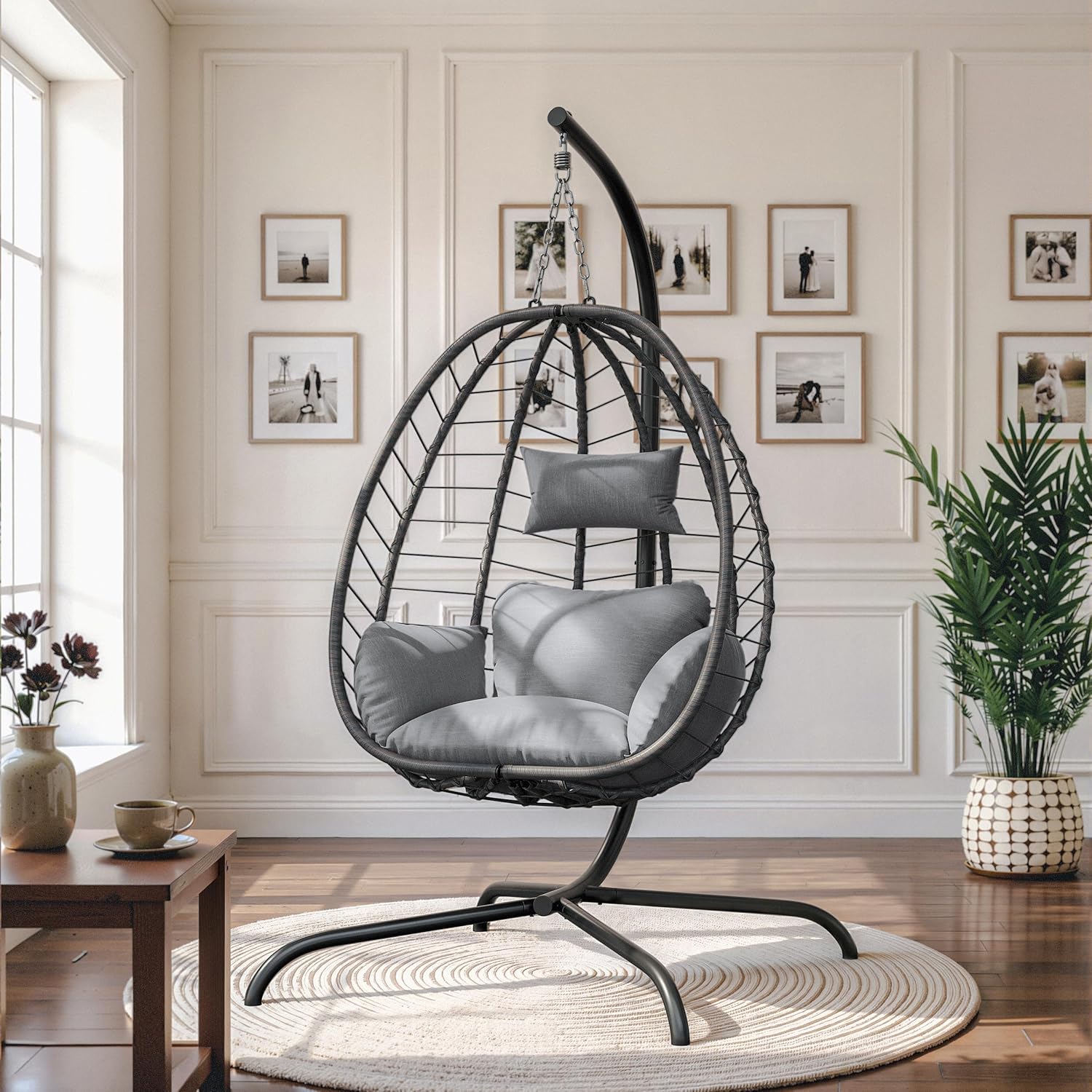 ALAULM Foldable Egg Chair with Stand, 485LBS Capacity Wicker Rattan Hammock Swing Chair for Outdoor & Indoor, Hanging Chair with Strong Frame & UV Resistant Cushion for Balcony, Bedroom, Light Gray
