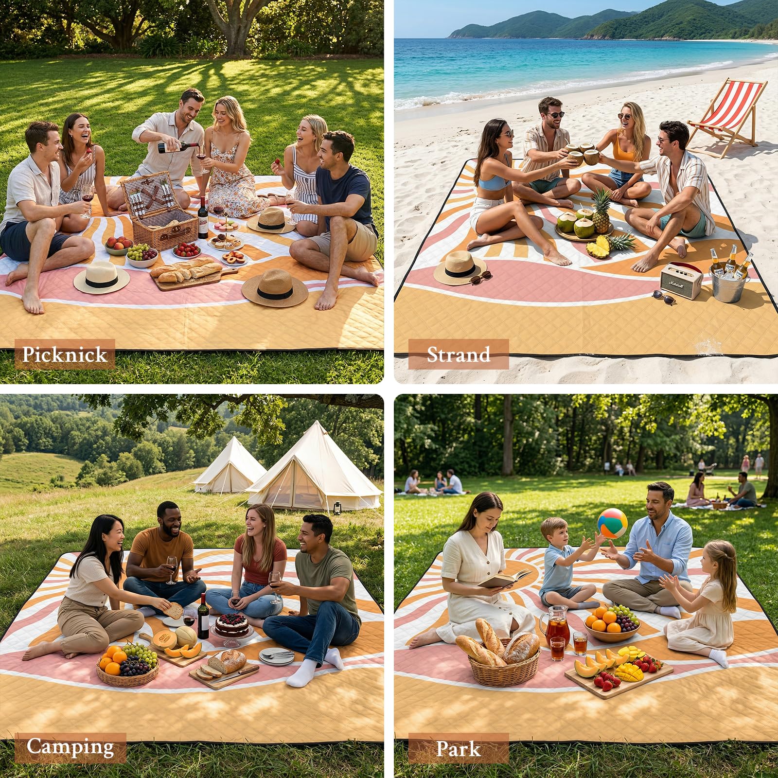 TXBOBECO Picknickdecke 200x200cm XXL, Stranddecke Wasserdicht Sandfrei, Outdoor Camping Decke mit Tragegriff & Heringen, für Picknick, Camping, Park, Garten - Sonne