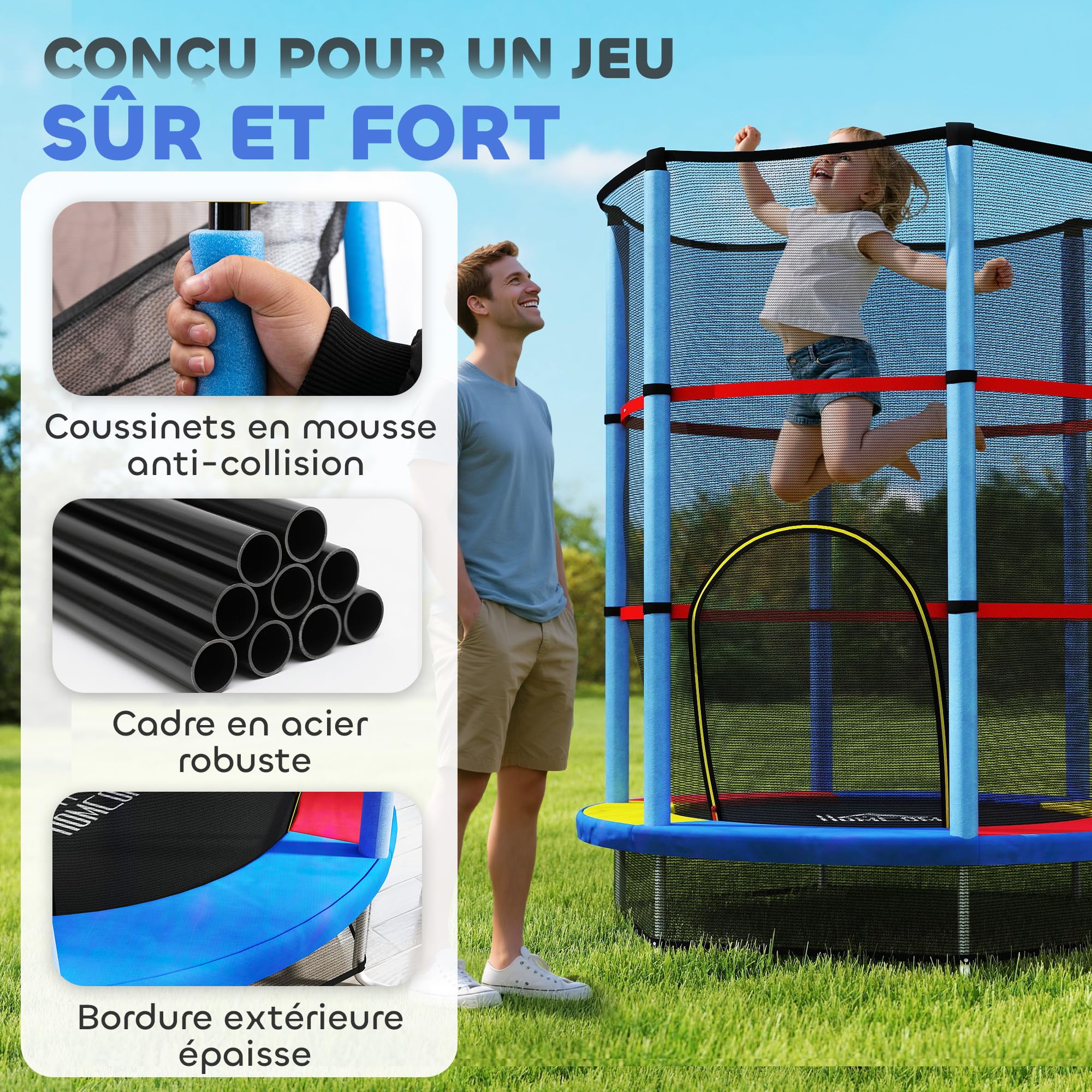 HOMCOM Trampoline pour Enfant Ø 1,40 m Filet de sécurité Porte zippée 6 poteaux rembourrés Inclus Charge Max. 45 kg