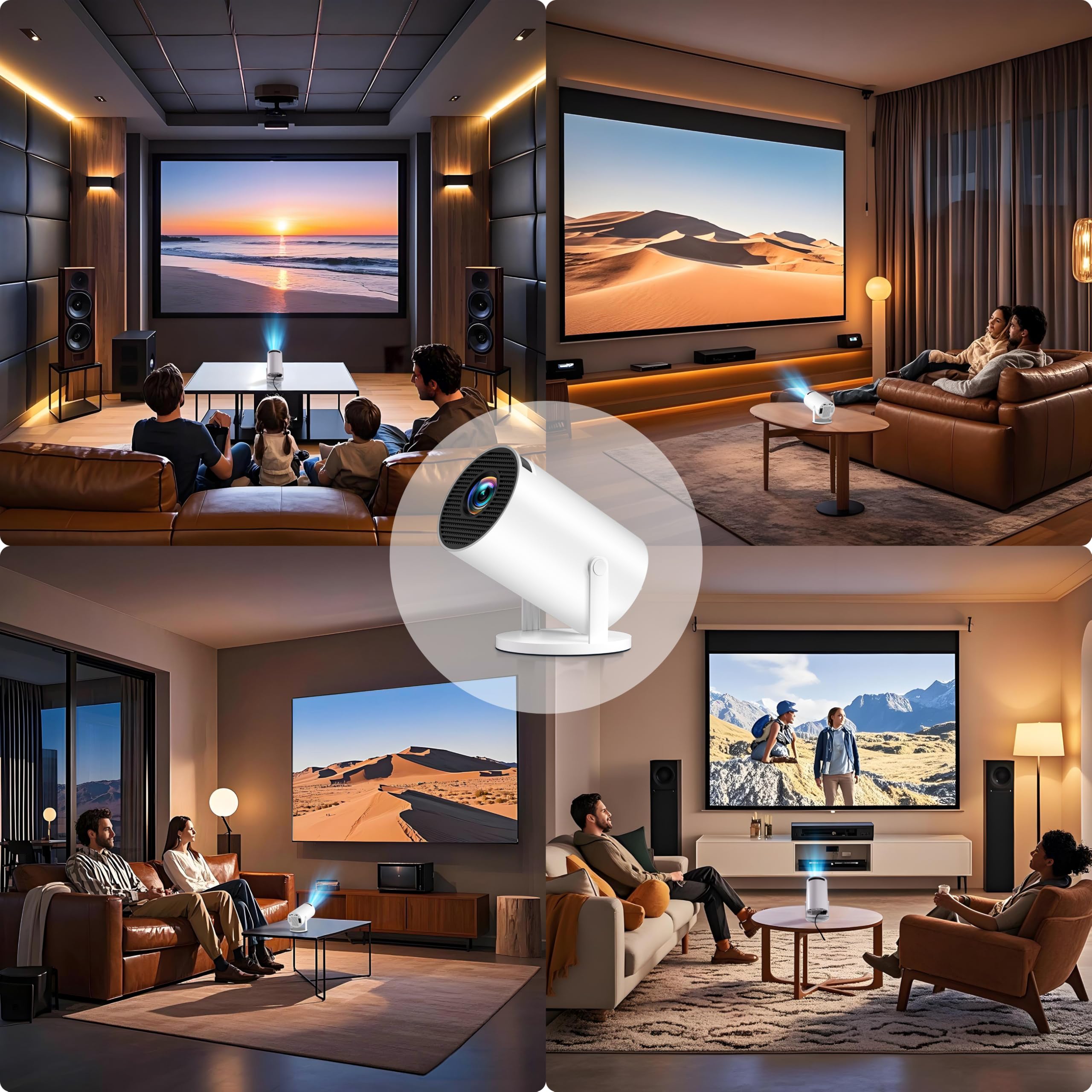 Mini projecteur 4K compatible 1080p Full HD avec WiFi 6 avec BT 5.2, petit projecteur avec applications intégrées avec Keystone automatique et rotation à 270° compatible avec HDMI/TV Stick, blanc