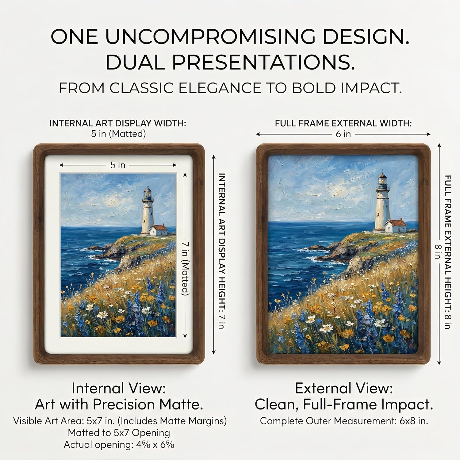 6x8 Picture Frame Solid Walnut Wood, Mortise and Tenon Joinery, Matted to 5x7, One Touch Clasp, Tempered Glass, Wall or Tabletop Photo Frame