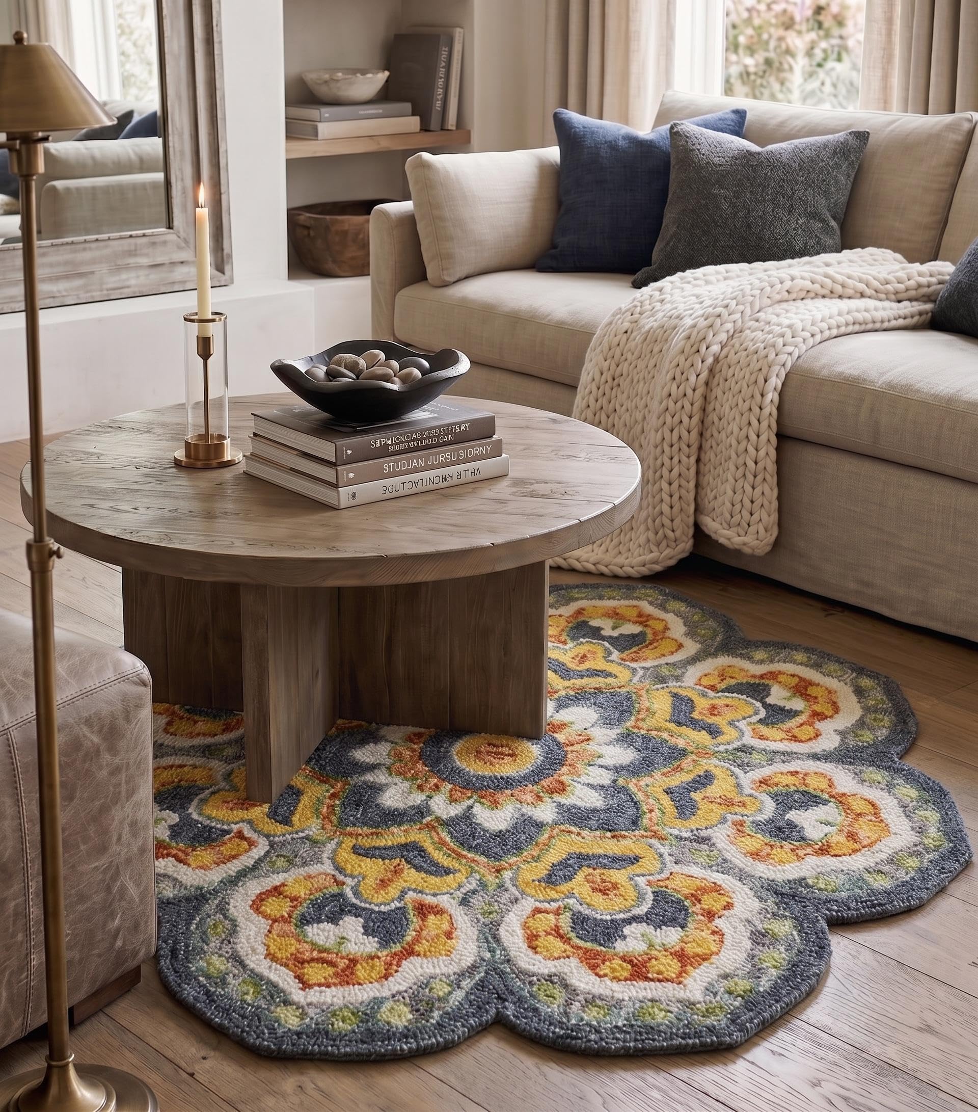 LR Home 6ft Scalloped Round Indoor Wool Area Rug for Home Decor | Rugs for Living Room, Bedroom, Playroom, Entryway, Office | Handmade Modern Farmhouse Boho Area Rug for Room Decor | Gray/Yellow