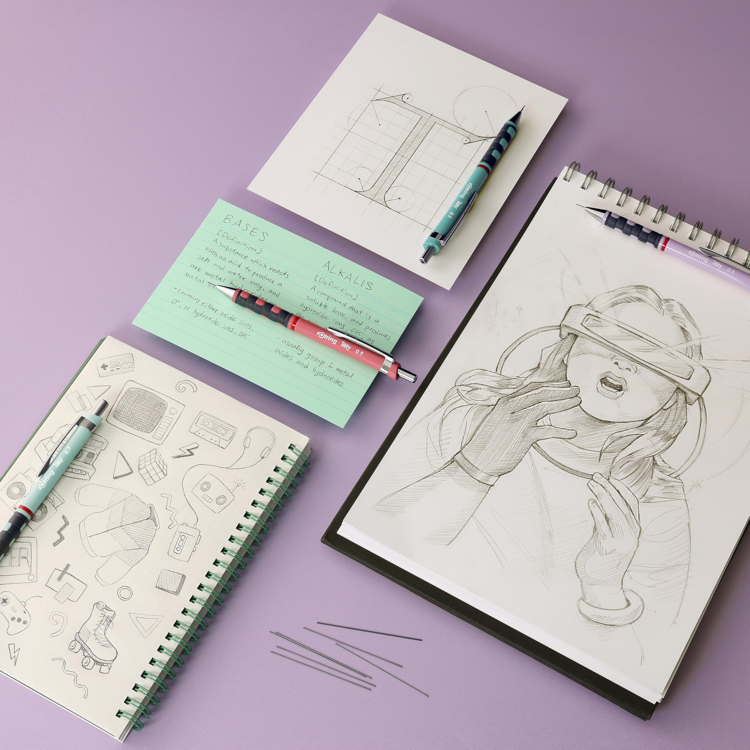 rOtring Tikky-Druckbleistifte in Pastellfarben | HB 0,5 mm | Orchid Bloom | mit angenehmem gummiertem Soft-Touch-Griff | 12 Stück