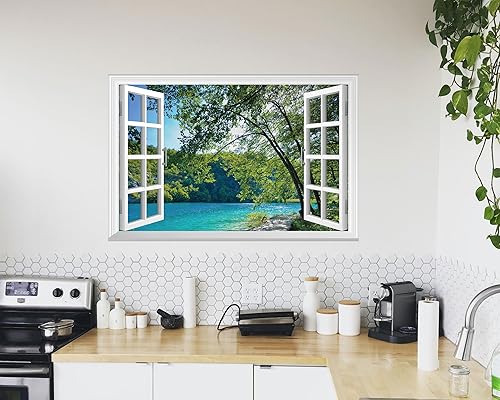 Miniatura 5 de FLFK Mural de pared falso para ventana, diseño de lagos en la jungla para decoración de pared, calcomanías de pared para pegar y despegar, 48 x 32