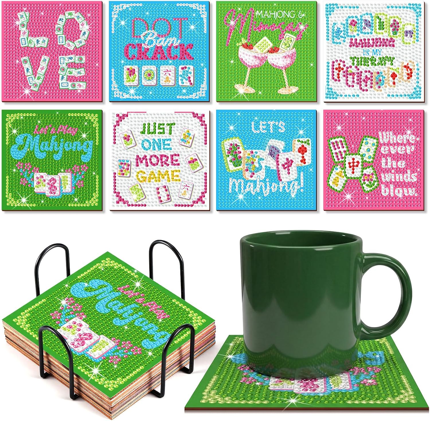 Purpeak 8 Pcs Mahjong Diamond Coasters DIY Diamond Painting Coasters Art Mah Jong Drink Coaster with Holder for Mahjong Cup Drink Table Night Party Supplies Decoration