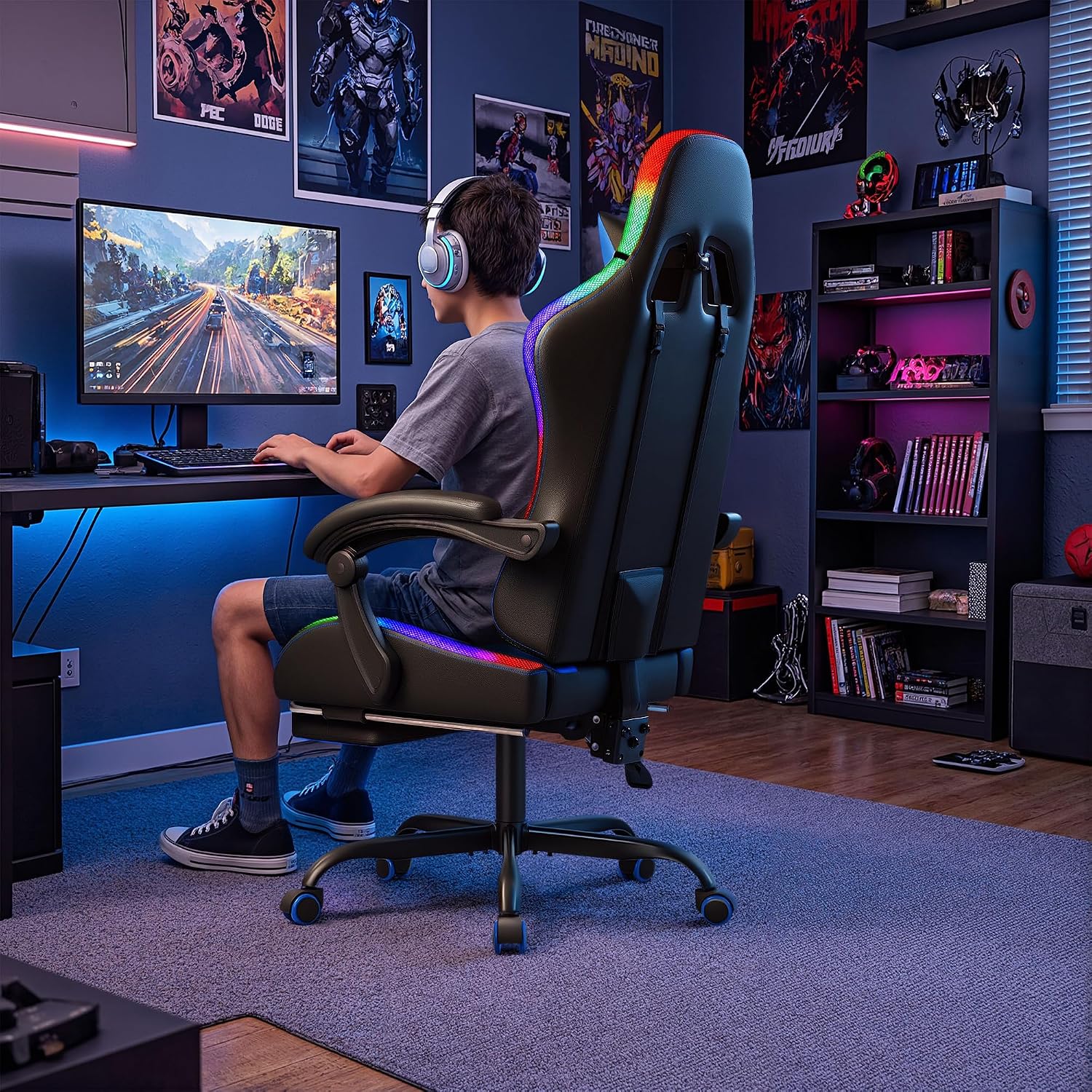 Homall Gaming Chair, Video Game Chair with Footrest and Massage Lumbar Support, Ergonomic Computer Chair Height Adjustable with Swivel Seat and Headrest (RGB Blue)