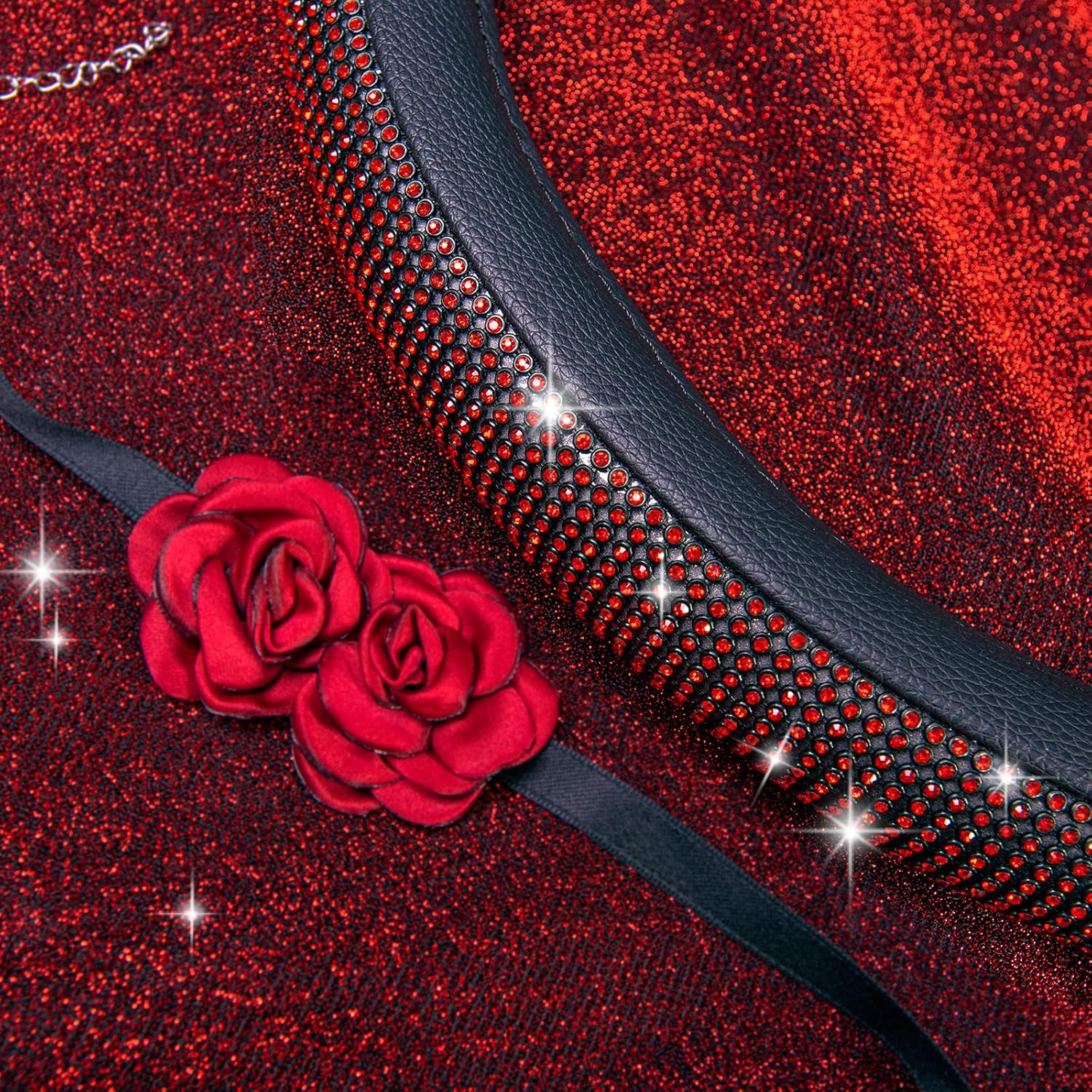CAR PASS Red Diamond Black Leather Steering Wheel Cover, with Bling Crystal Rhinestones Universal Fit 14" 1/2-15" Crystal Glitter for Women Sparkle Girl Fit Suvs,Vans,Sedans,Cars,Trucks, Red Diamond - Image 9