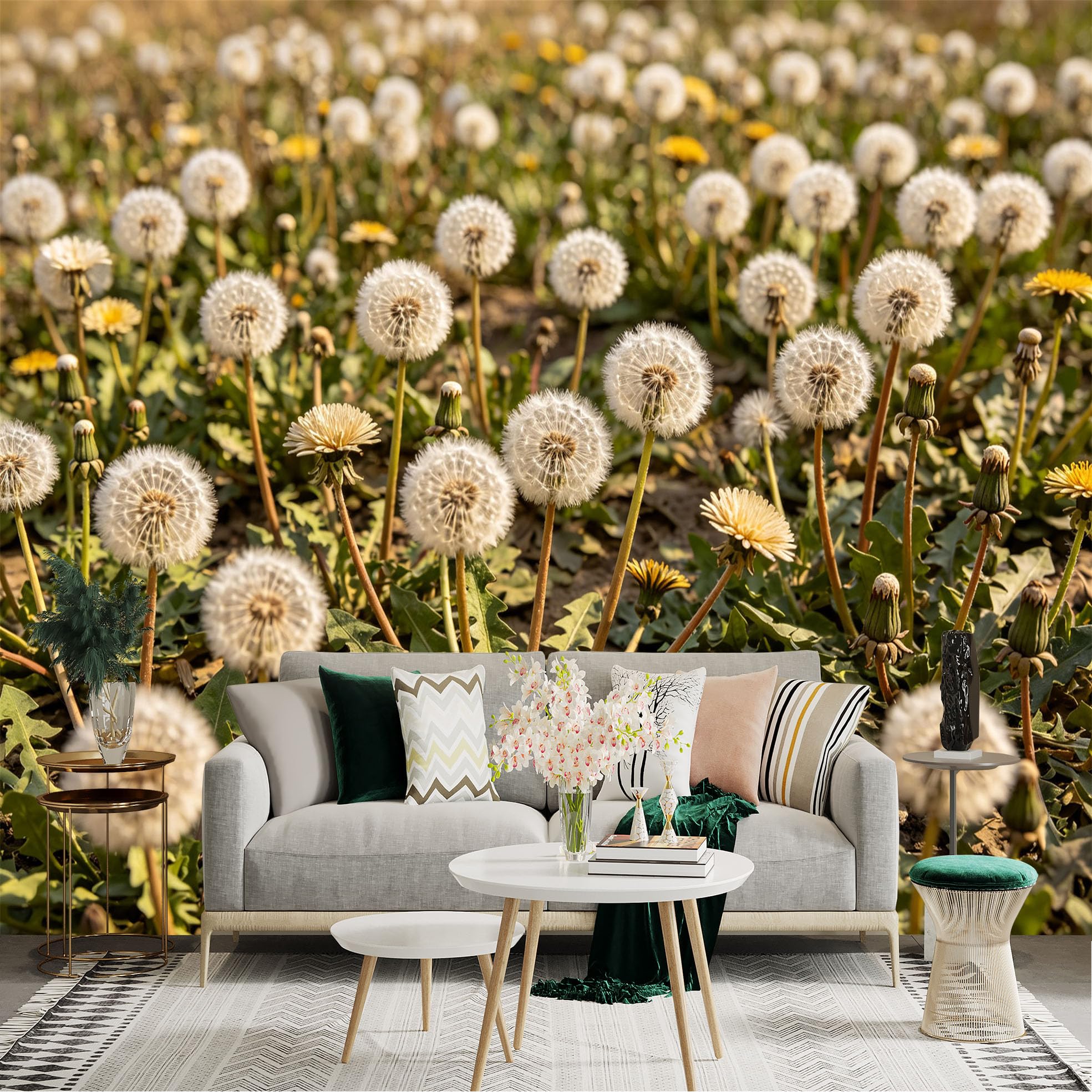 Lnzczhyre Dbh260521393 Custom Size Wall Sticker Mural， Fluffy Dandelion Field， White Seed Heads， Spring Meadow Nature Landscape， For Wall Decoration， Peelandstick Wall Decals.