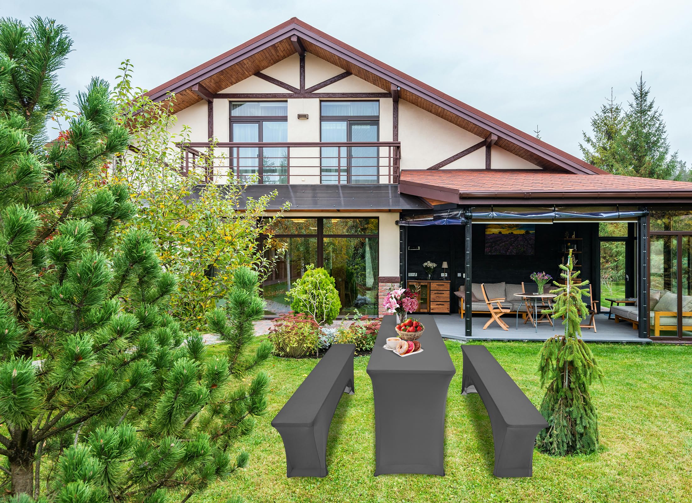 Zwei 3er-Sets Elastische Biertischhussen, Hellgrau Biertisch und Bankabdeckung,50 cm Tischbreite, 220 x 50 x 70 cm Bierzeltabdeckung für Bankett-Partys im Freien Bierbank