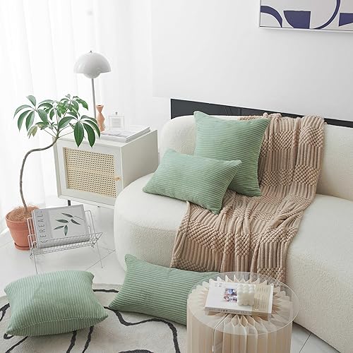 Miniatura 3 de Home Brilliant Funda de almohada decorativa de pana a rayas verdes, 20 x 20 pulgadas, funda de almohada cuadrada suave de felpa para decoración de