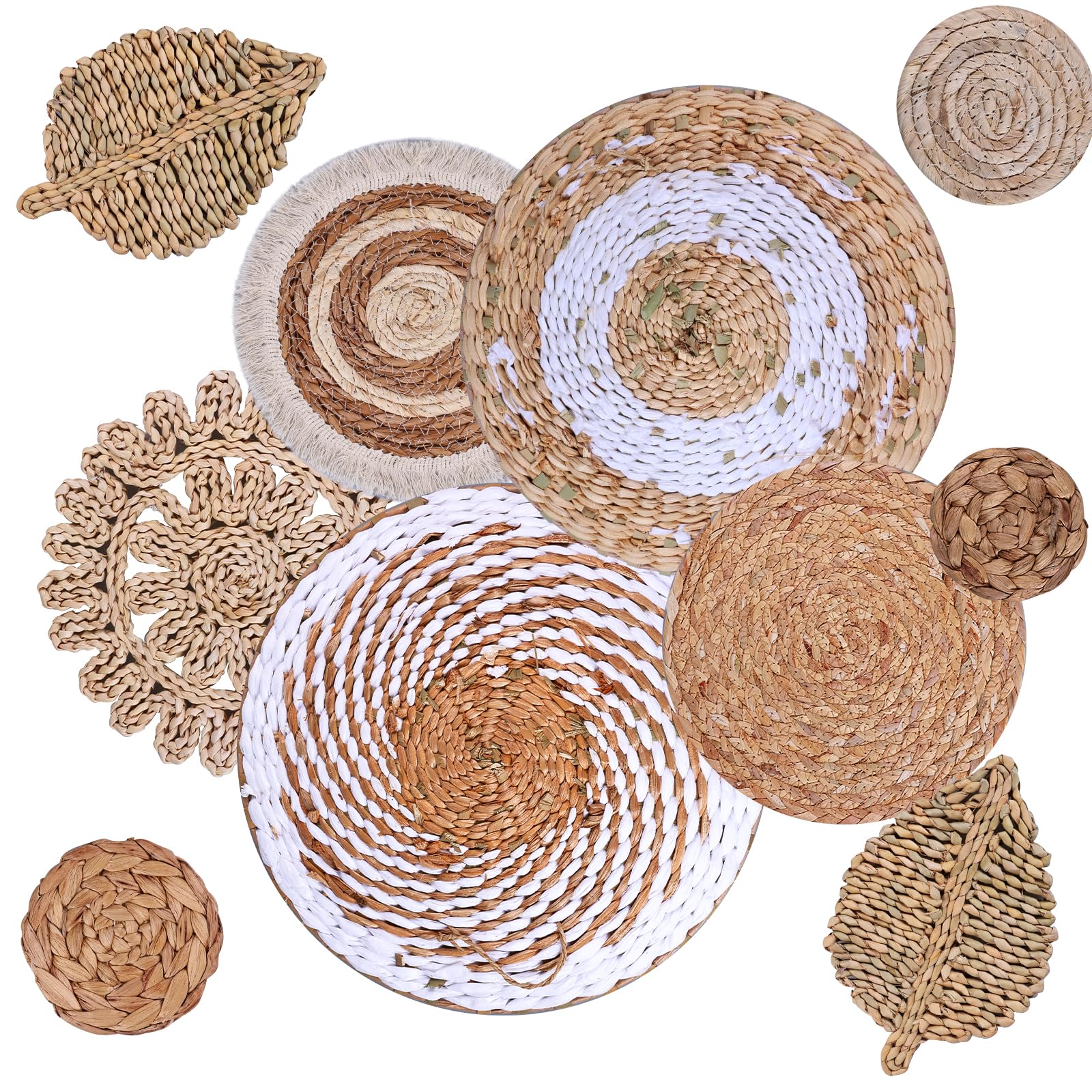 Set di 10 cestini da parete in stile boho, rotondi, rustici, intrecciati, fatti a mano, per camera da letto, soggiorno, tavolo da pranzo (10)