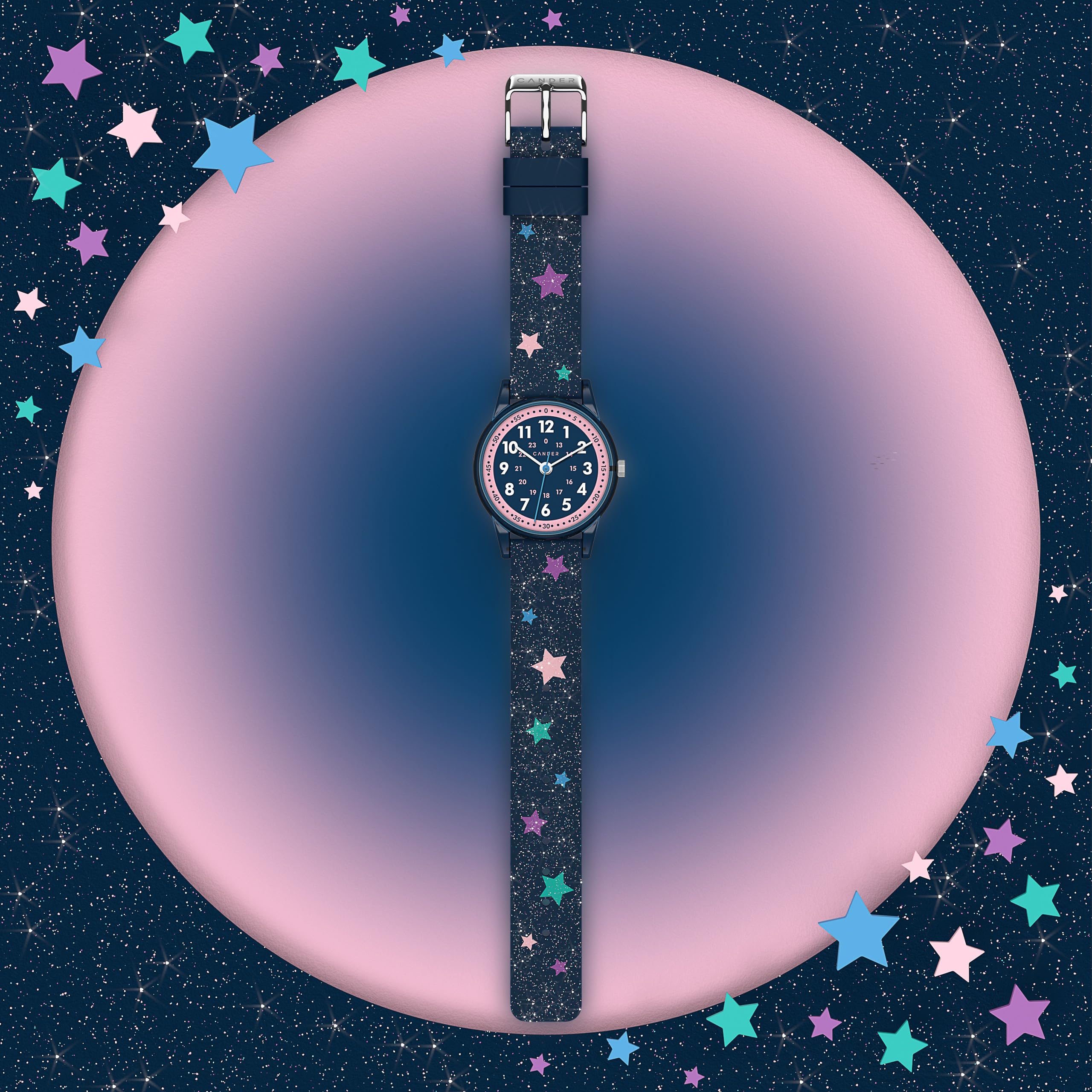 Cander Berlin MNA 4030 Q - Reloj de pulsera infantil para niña, resistente al agua, 3 ATM, reloj de aprendizaje analógico, brillante, con estrellas, repuesto para niños