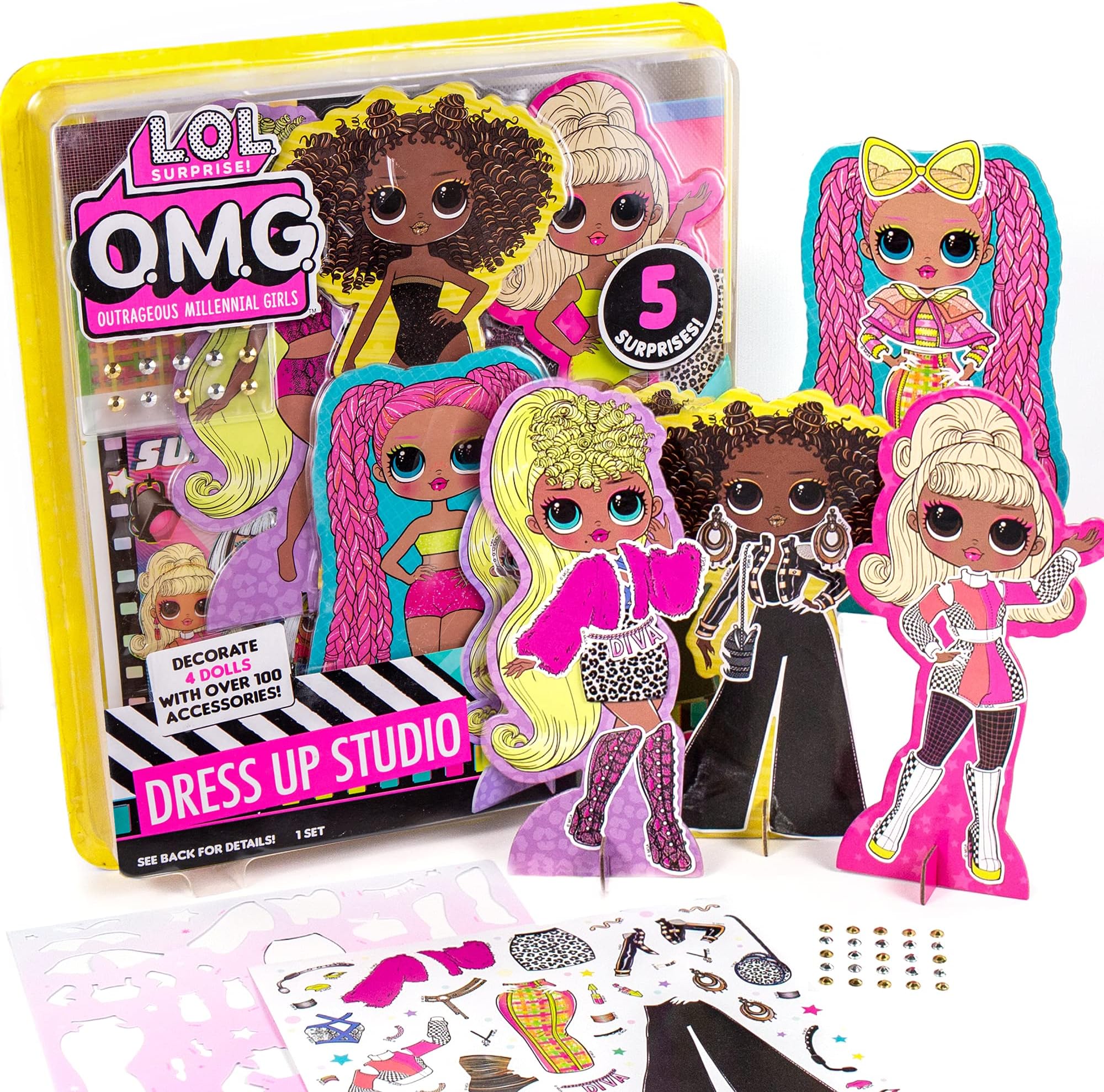 L.O.L. Surprise! O.M.G. Dress-Up Studio by Horizon Group USA, Double Feature Series, Dress-Up 4 O.M.G. Chipboard Dolls with Fabric & Repositionable Stickers, Includes Runway Play Scene & 5 Surprises