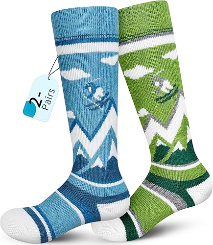 unenow Calcetines de esquí de lana merino para niños, 2 pares, calcetines térmicos cálidos de invierno para niños y niñas pequeños