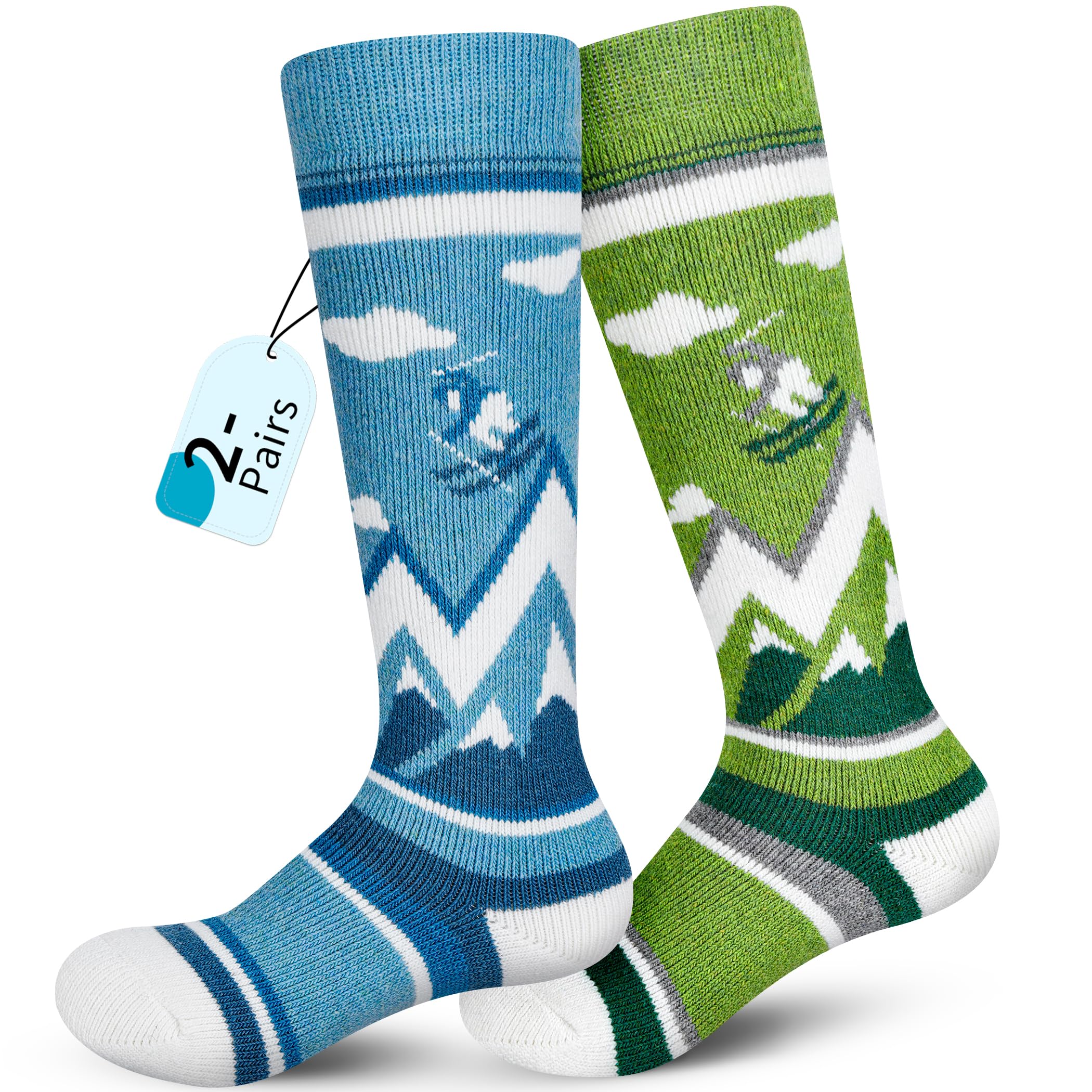 unenow Merino Wool Ski Socks Kids 2 Pairs, Winter Warm Snowboarding Thermal Socks for Boys Girls Toddlers