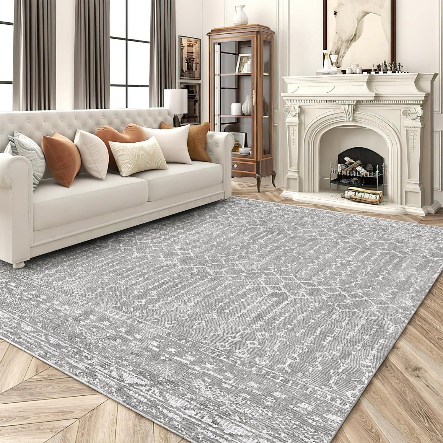 RYB HOME Moroccan Rug for Living Room Washable, 6x9 Rug for Bedroom Nursery, Faux Wool Rubber Backing Soft Modern Non Slip None-Shedding Home Office Floor Carpet, 6x9 ft, Grey