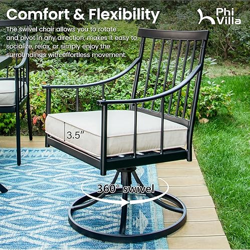 Miniatura 5 de PHI VILLA Juego de mesa de comedor para patio de 7 piezas con cojín para 6, mesa grande rectangular de metal para exteriores con orificio