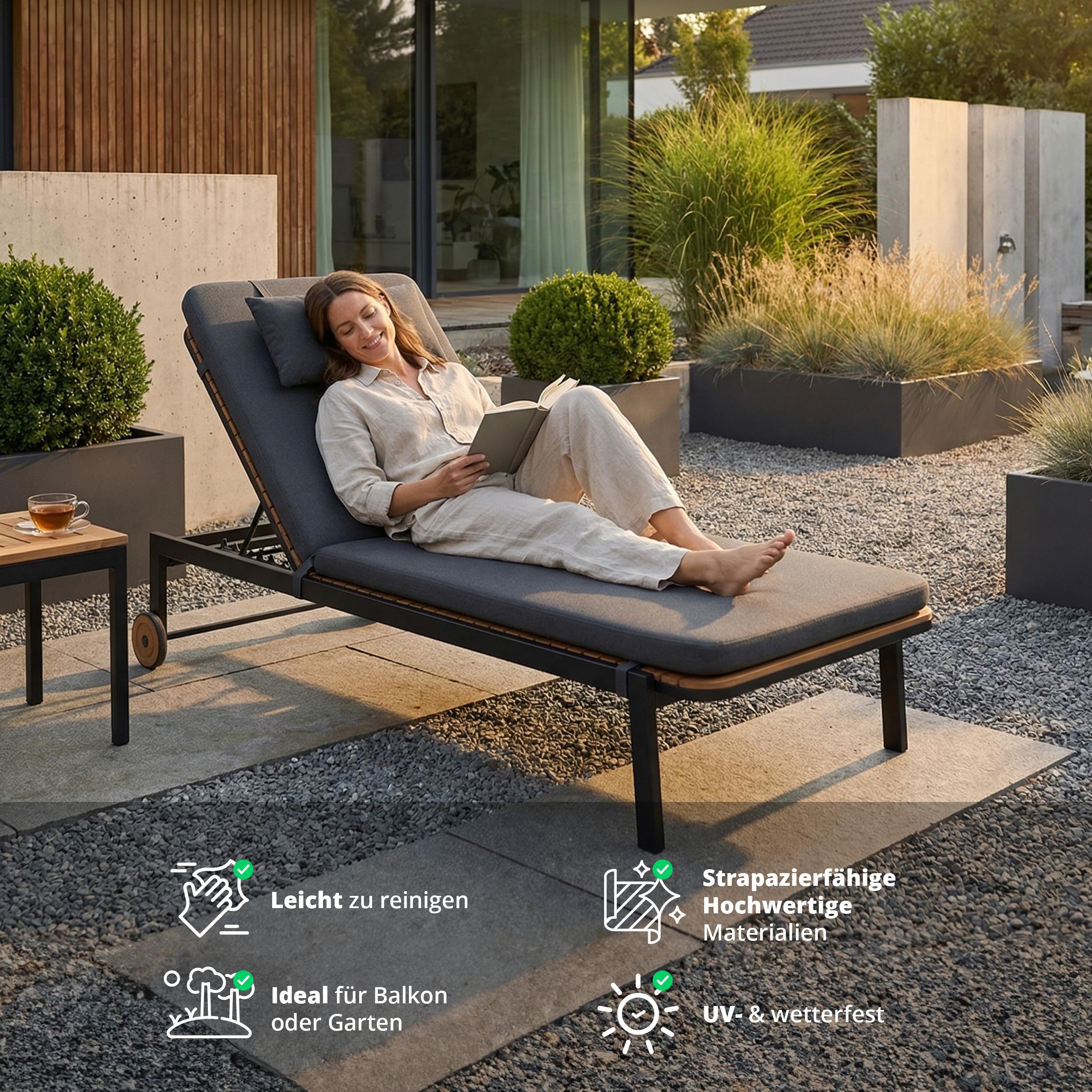 KHG Sdraio da giardino con cuscino, grigio scuro, con ruote, per balcone, terrazza o giardino, con schienale regolabile, struttura in alluminio, superficie di appoggio in acacia, resistente alle