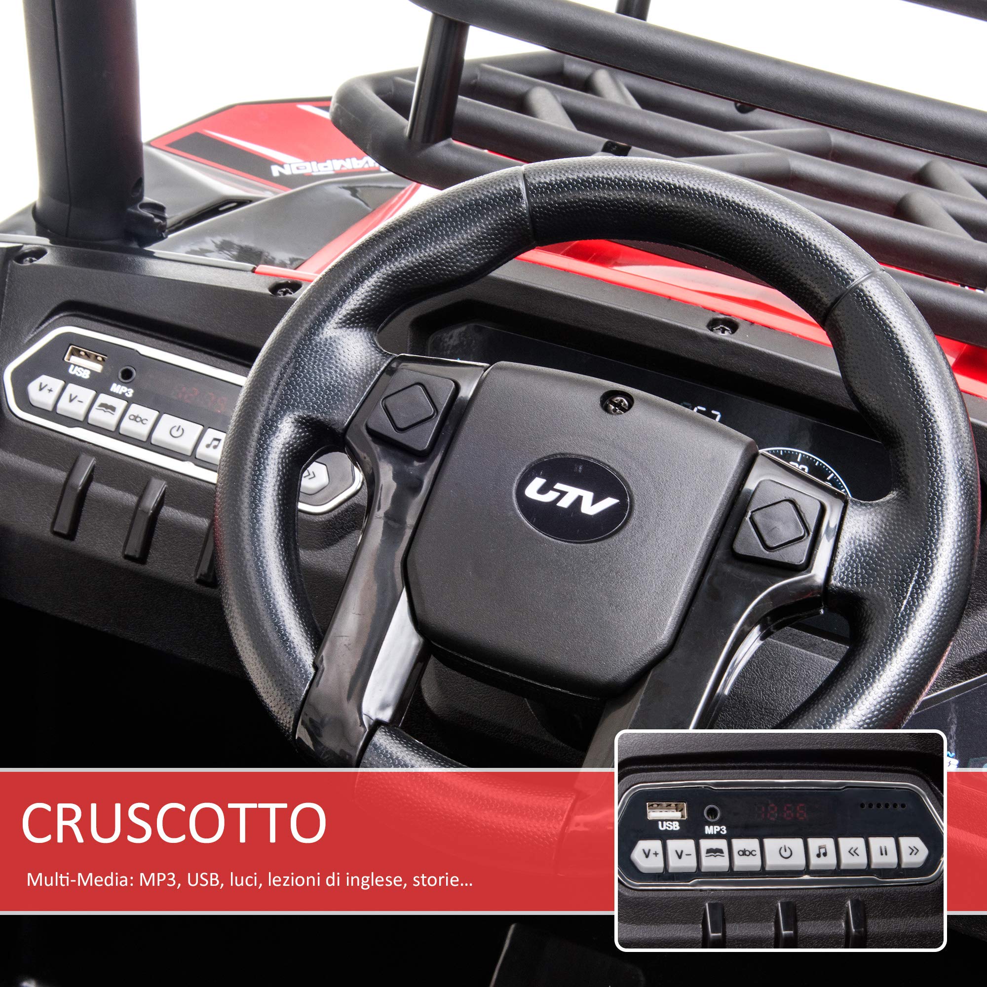 HOMCOM Macchina Elettrica per Bambini 12V Quad 118x76x104cm Rosso e Nero | Velocità 3-6km/h, Quad Elettrico Mini con Doppio Motori, USB, Lettore MP3 e Telecomando