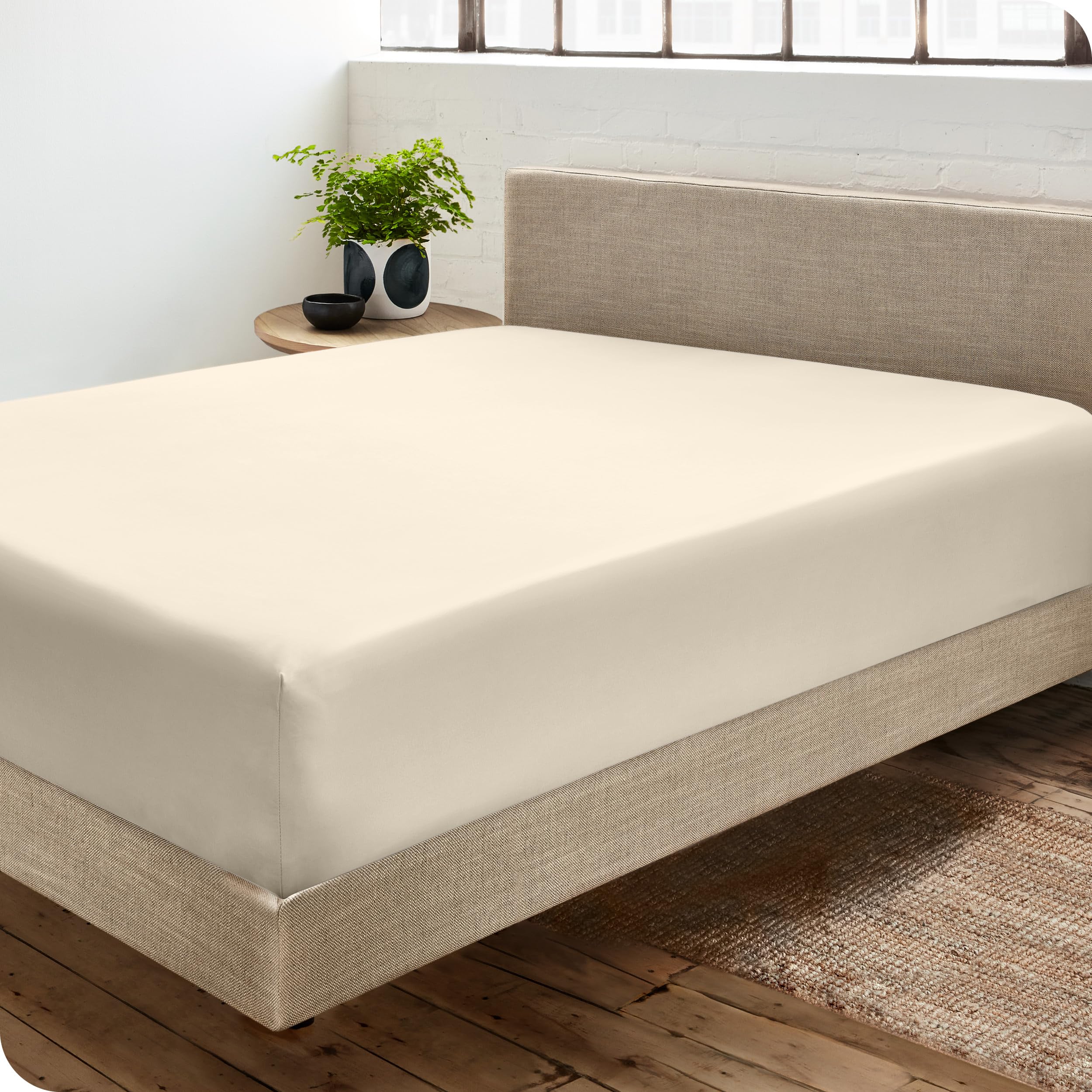 Bare Home 100% Organic Cotton Sateen Fitted Sheet - Smooth Sateen Weave - Breathable & Cooling - Hotel Luxury - Durable Fitted Sheet - Deep Pocket, Fitted Bed Sheet (King, Sand)