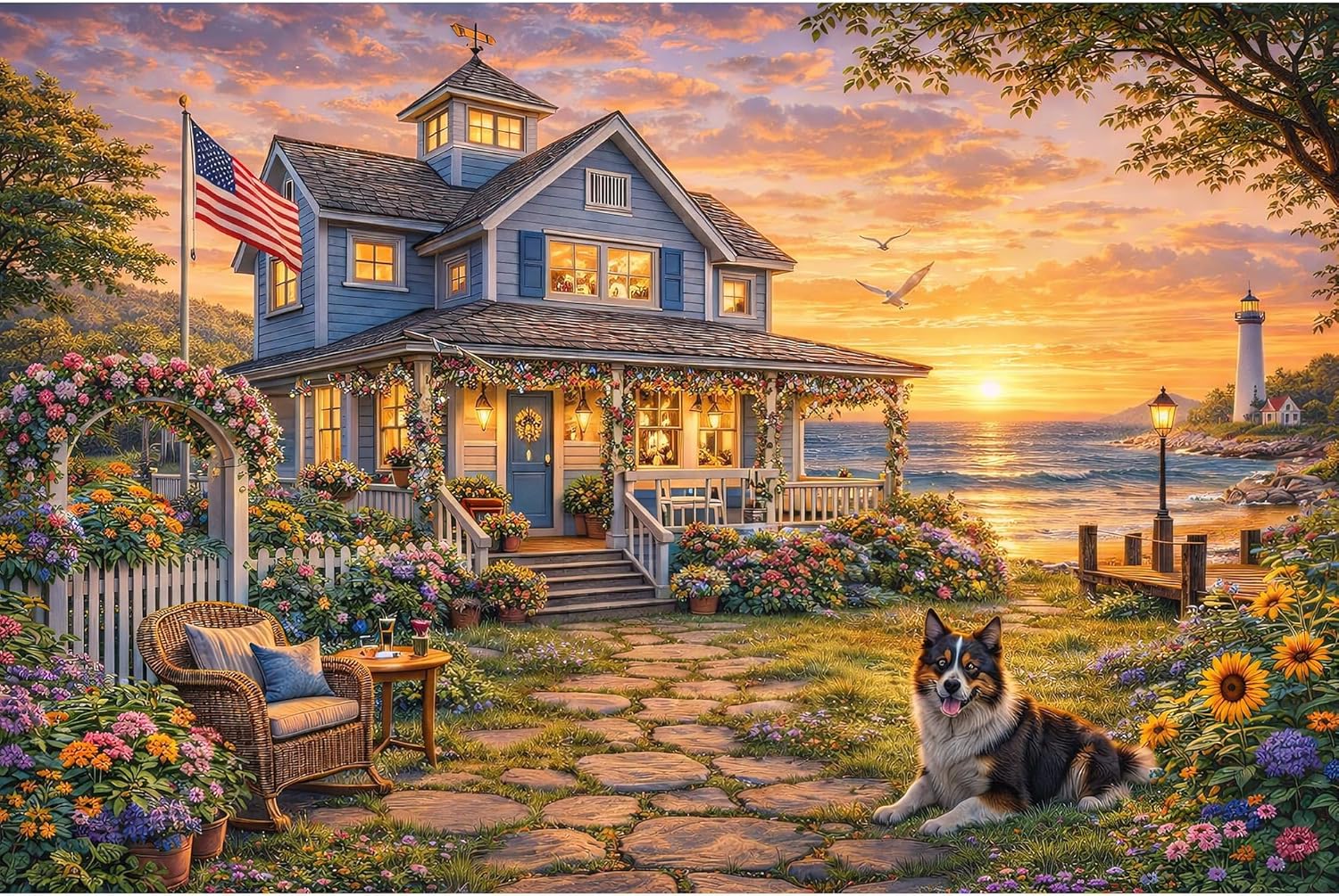 Puzzles for Adults 1000 Pieces, Beautiful Seaside Lighthouse Garden Jigsaw Puzzle, Sunset Ocean Landscape Puzzle with Reference Poster, Challenging Puzzles for Game Night