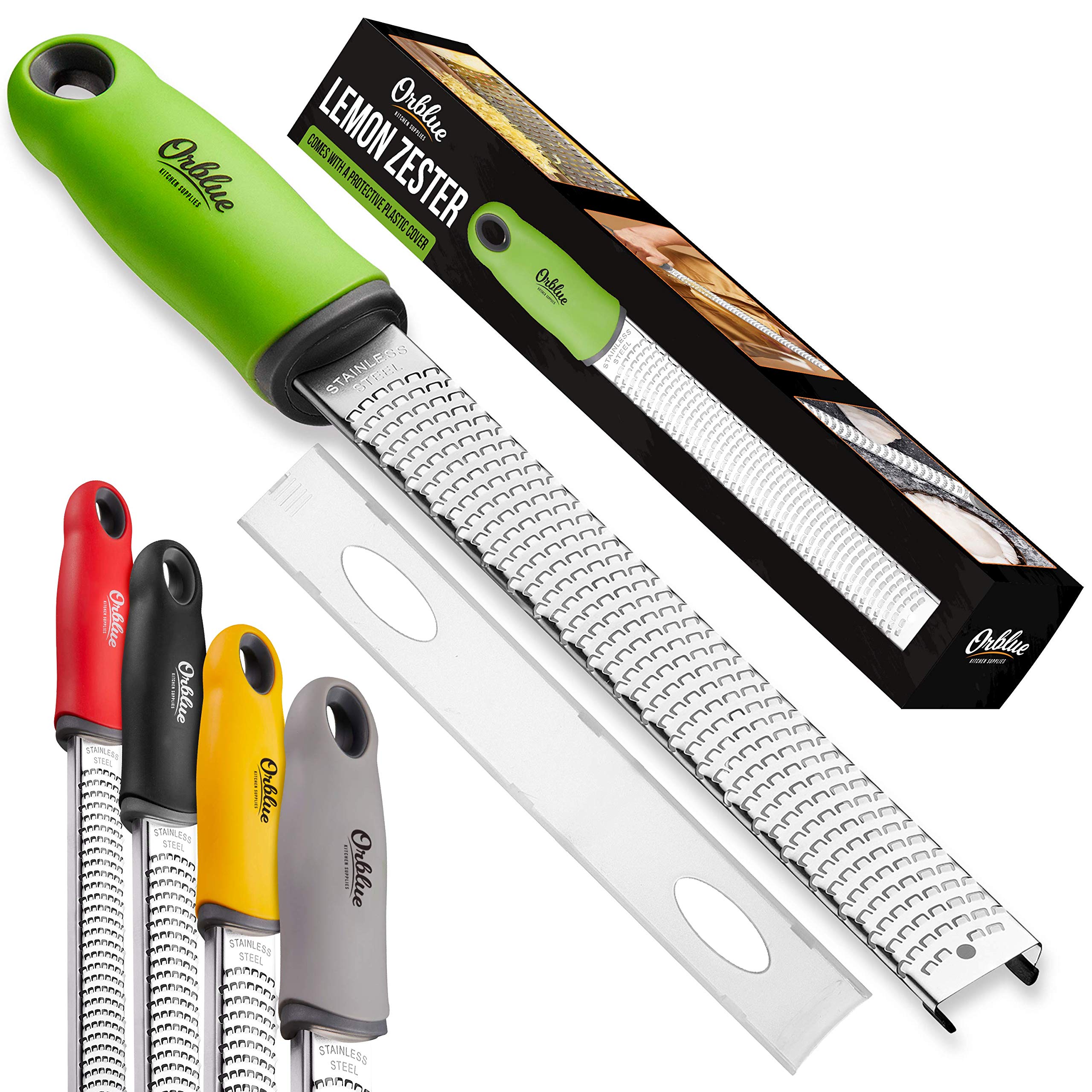 Orblue Lemon Zester & Cheese Grater - Premium Citrus Zester, Kitchen Grater for Parmesan, Chocolate, Fruits, Vegetables, Ginger, Garlic, Nutmeg - Stainless Steel Blades with Protective Cover, Green