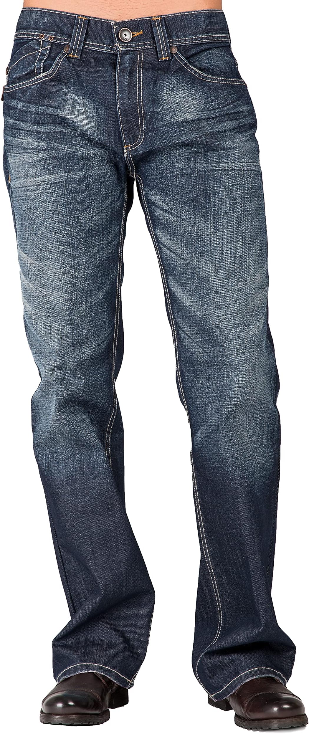 Level 7Men's Relaxed Bootcut & Relaxed Straight Leg Denim Distressed Jeans with Zipper Pocket