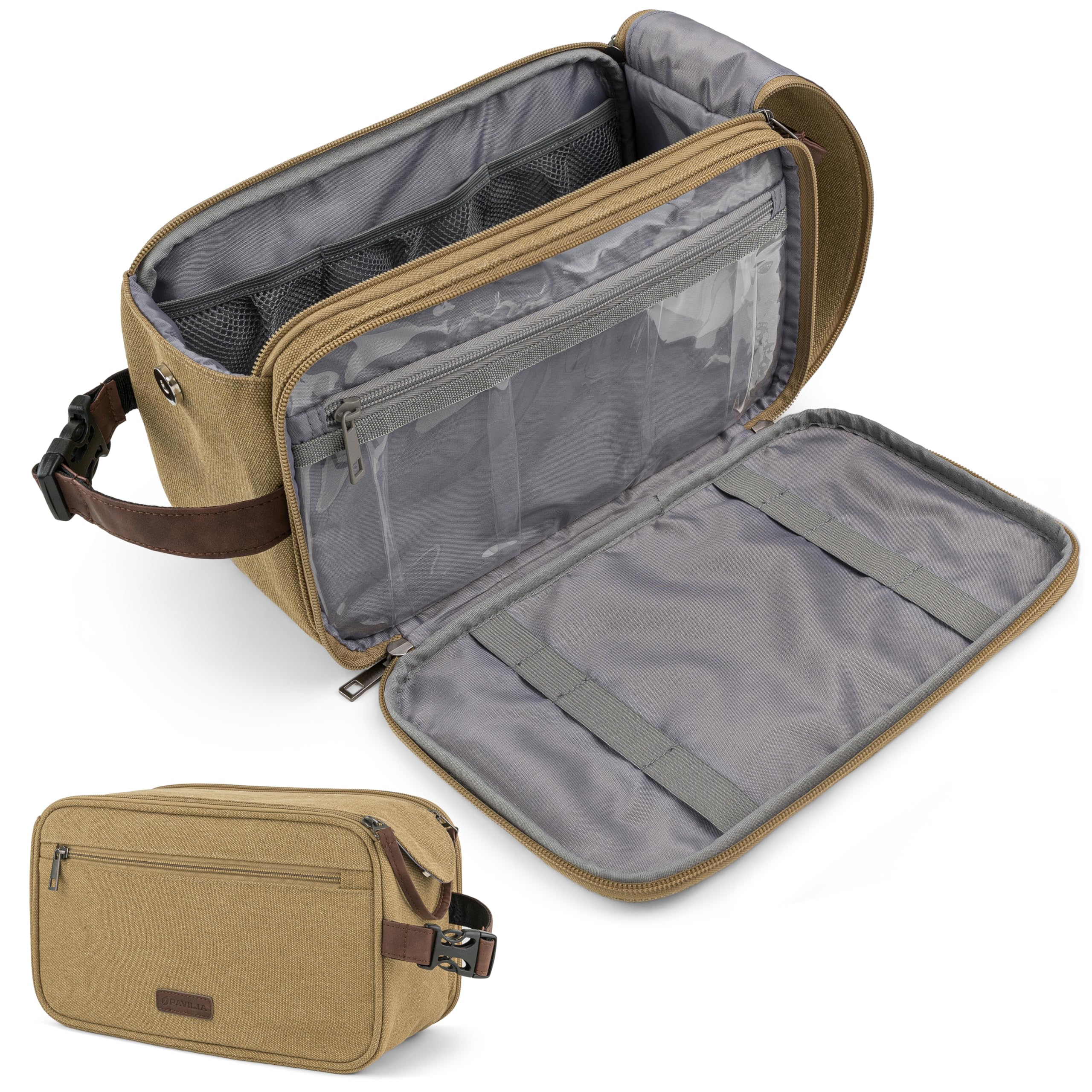 PAVILIA Toiletry Bag for Men, Canvas Travel Dopp Kit, Water Resistant Hygiene Bag Toiletries Organizer, Shaving Kit Travel Accessories Bag, Tan Khaki,