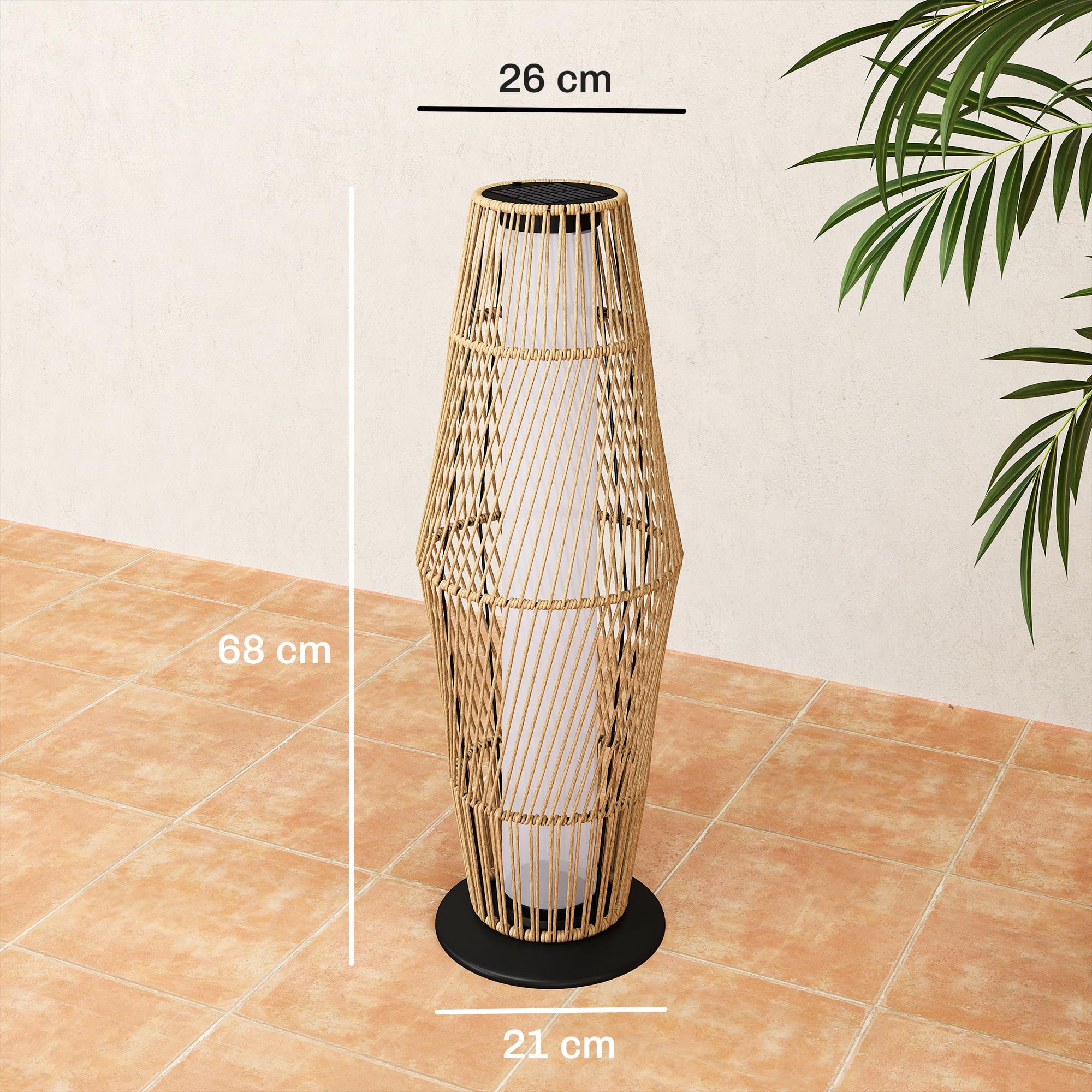 Outsunny Lanterne Solaire Extérieure en Résine Tressée avec Capteur de Lumière, Lampadaire LED Extérieur, 26x26x68cm, Sable