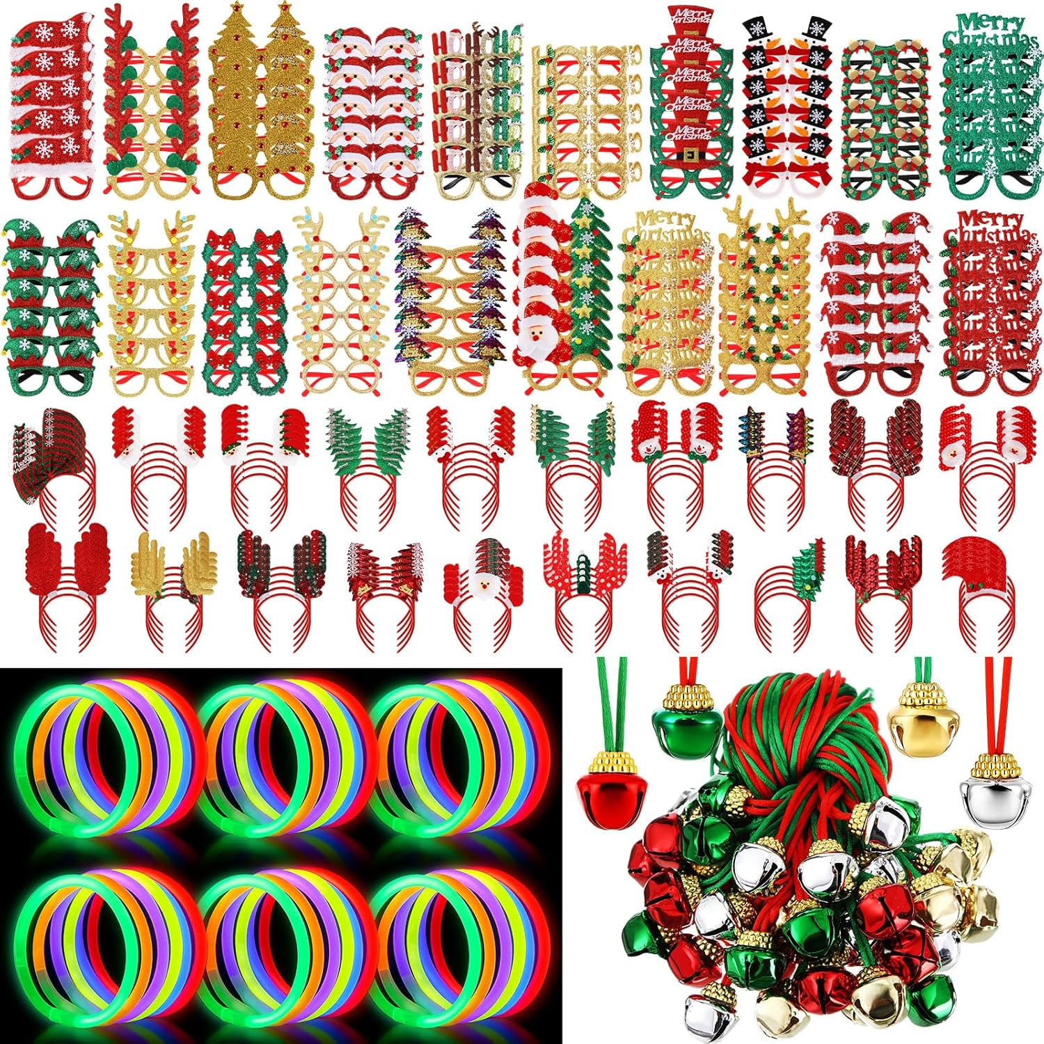 Hiboom 170 Pcs Christmas Party Favors Bulk, Xmas Gift Decorations Accessories, Glasses, Elk Headbands, Jingle Bell Necklaces, Glow Bracelets, Holiday Booth Props Supplies Stocking Stuffers