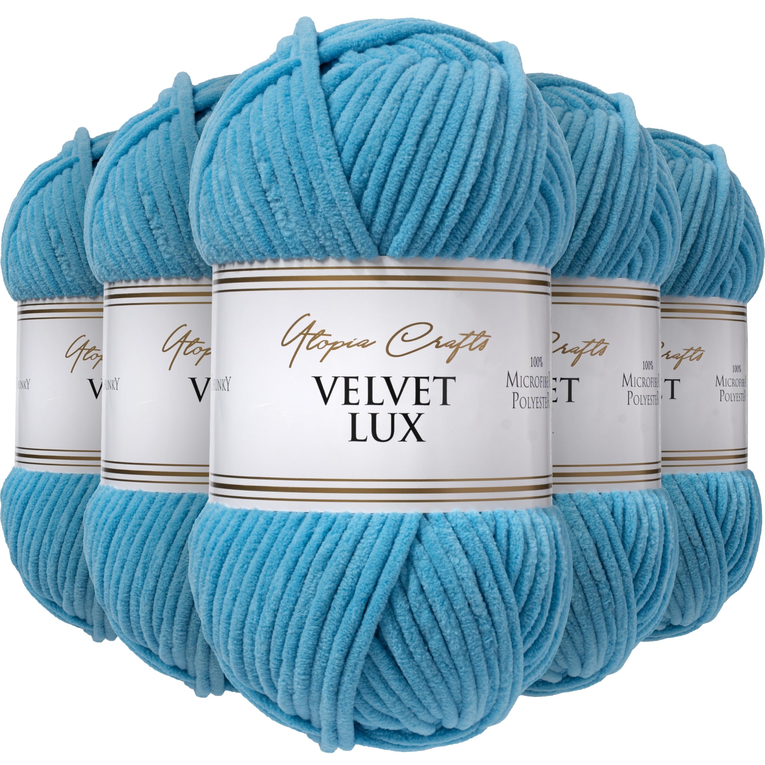 Utopia Crafts Velvet Lux Chenille Super Soft Chunky Yarn for Knitting and Crochet 5X 100g (Turquoise Blue)