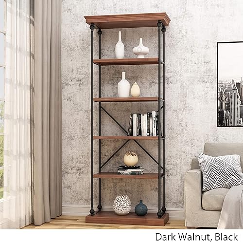 Miniatura 4 de Great Deal Furniture Alma - Estantería industrial de madera con 5 estantes, nogal oscuro y negro