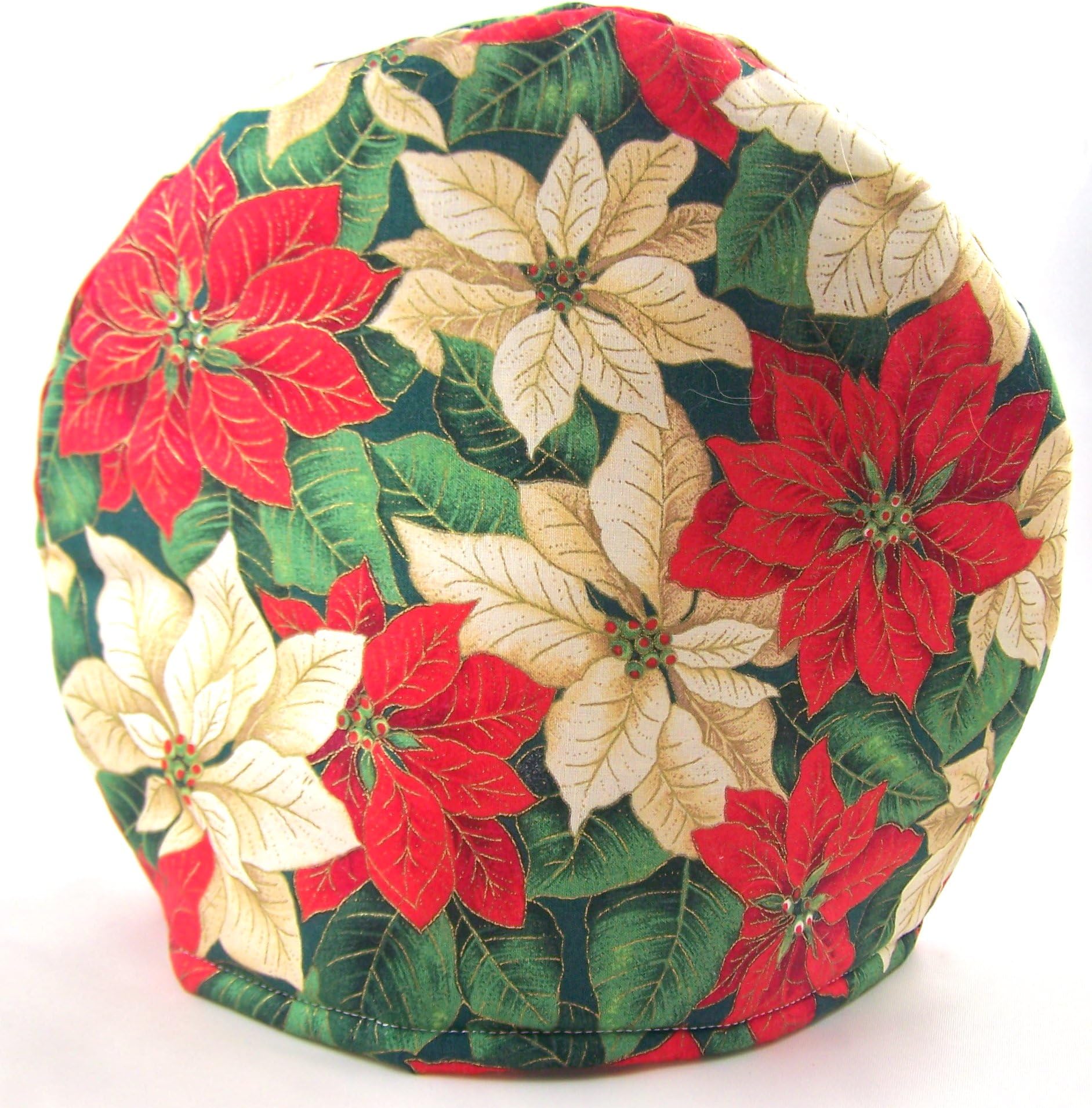 Handmade Red and White Christmas Poinsettia Print Fabric Tea Cozy Lined and Padded Cosy
