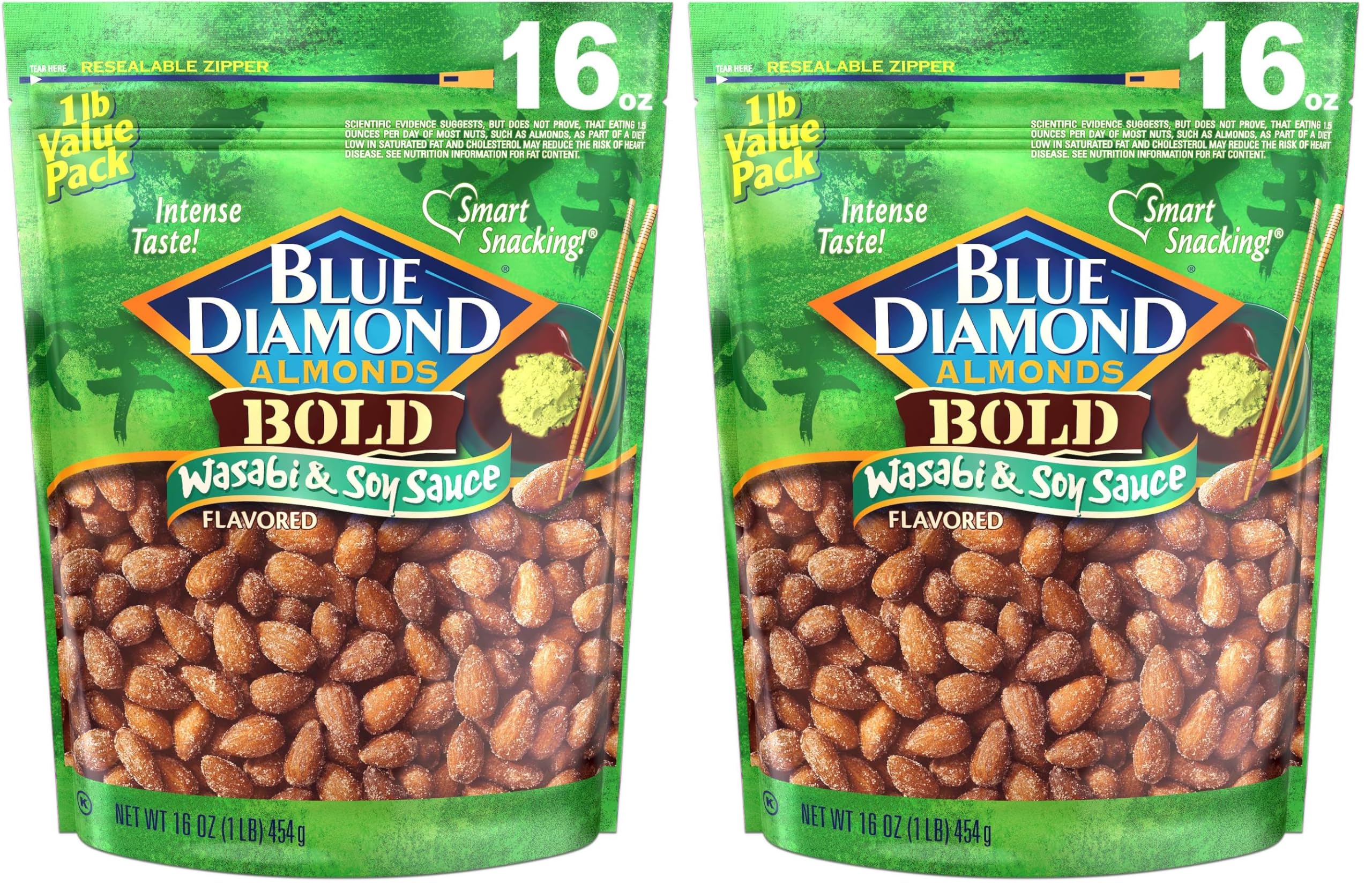 Blue Diamond Almonds Wasabi & Soy Sauce Flavored Snack Nuts, 16 Oz Resealable Bag (Pack of 2)