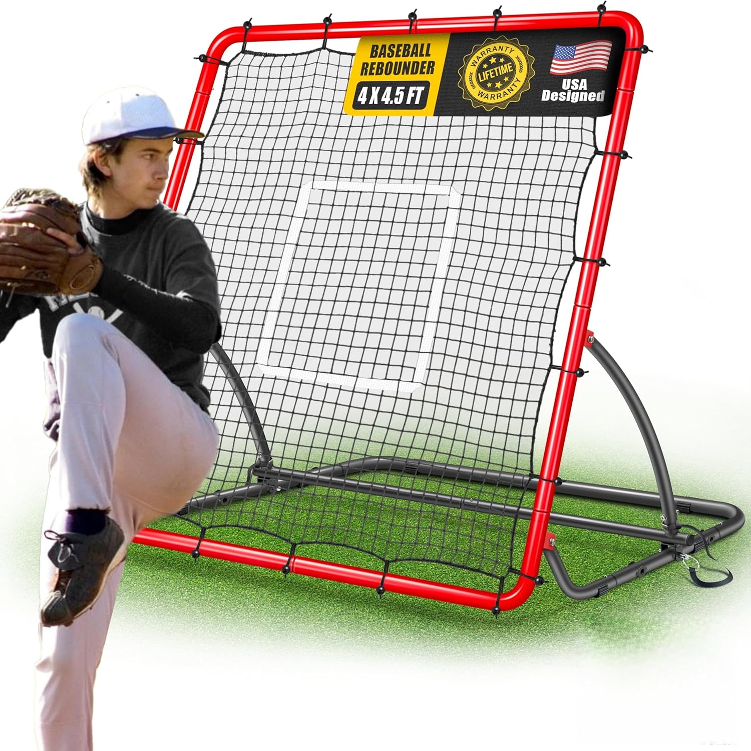 Heavy Duty Baseball Rebounder Net 4x4.5 FT Pitchback with 3 Adjustable Angles, Baseball and Softball Bounce Back Net for Ground, Line Drive, Fly Ball Return Settings Fielding Trainer