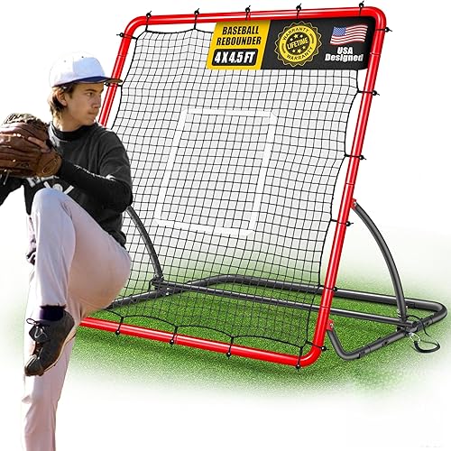 Red de Rebote de Béisbol de Servicio Pesado 4x4.5 PIES Pitchback con 3 Ángulos Ajustables, Red de Rebote de Béisbol y Softbol para Suelo, Línea de
