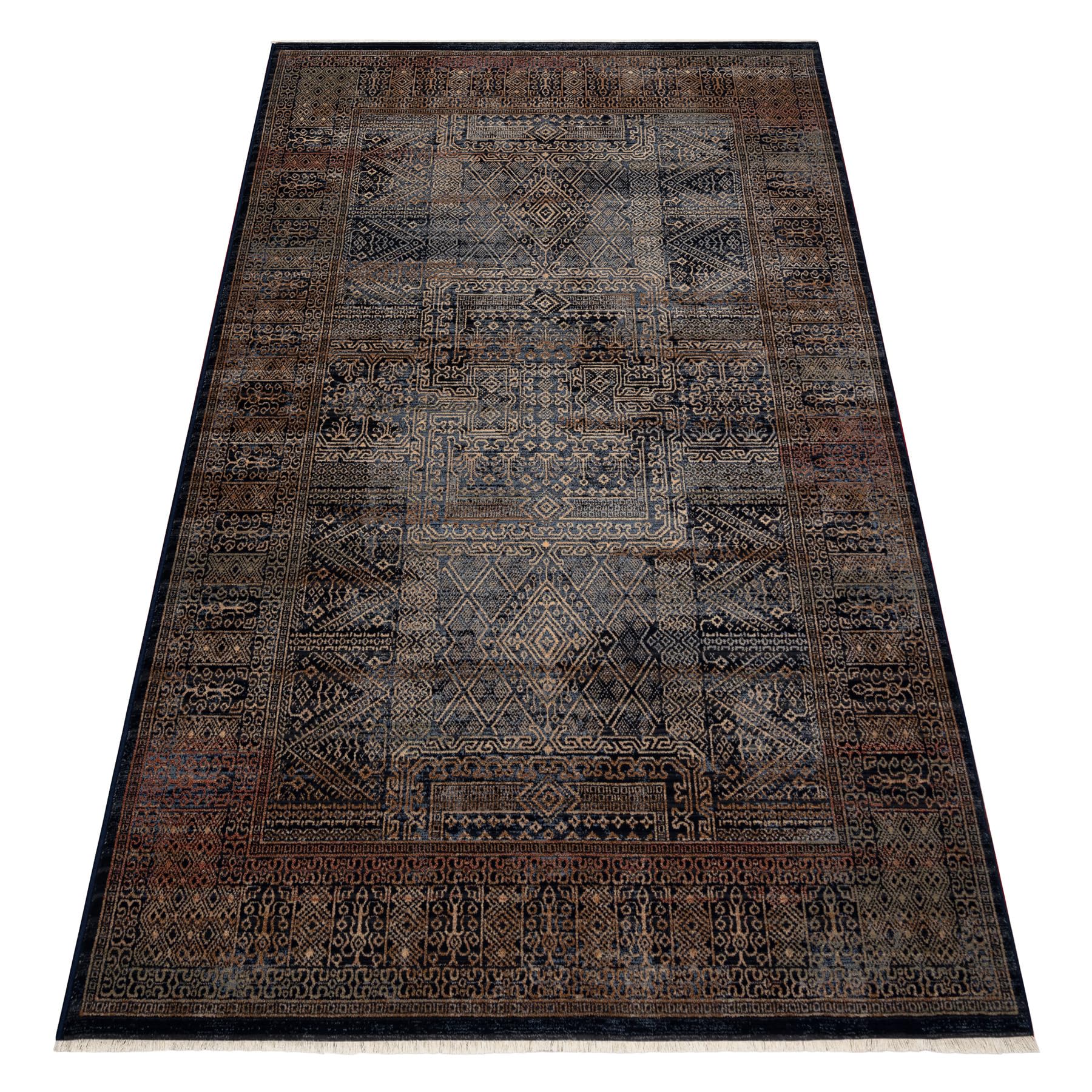 Tapis en laine KESHAN rugsx 120x145 cm oriental classique or et bleu foncé pour salon