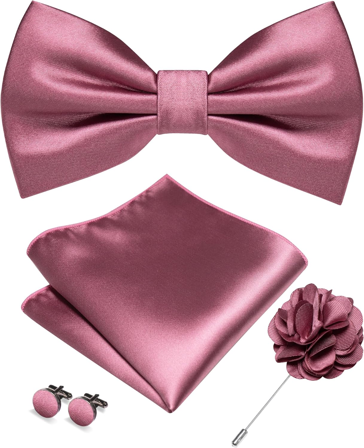 RBOCOTT Solid Color Bow Tie and Pocket Square with Lapel Pin Cufflinks Set 4PCS