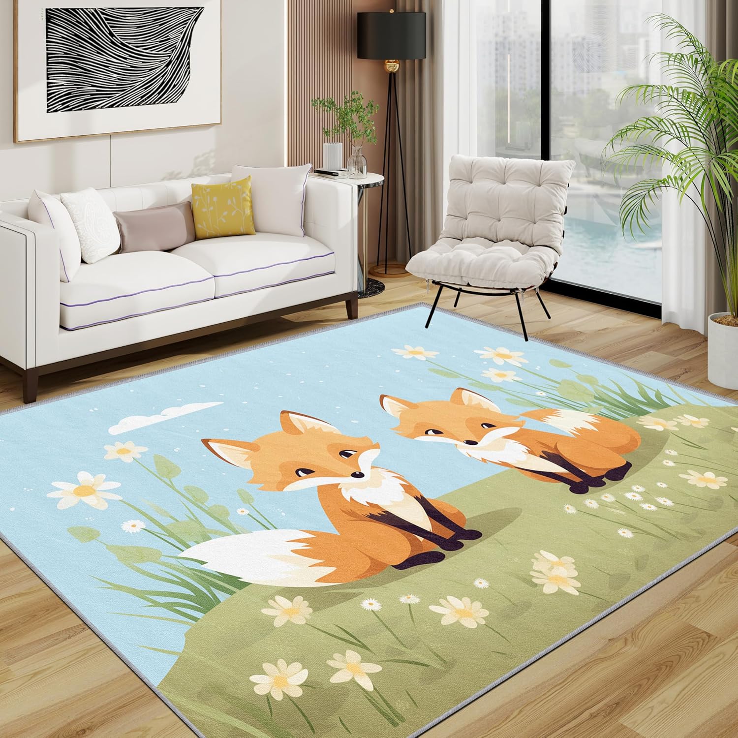 Fox Rug for Entryway Indoor - 3x4ft - Cute Cartoon Animal Washable Non Slip Low Pile Small Rug for Bedroom, Kids Nursery Door Mat Home Decor