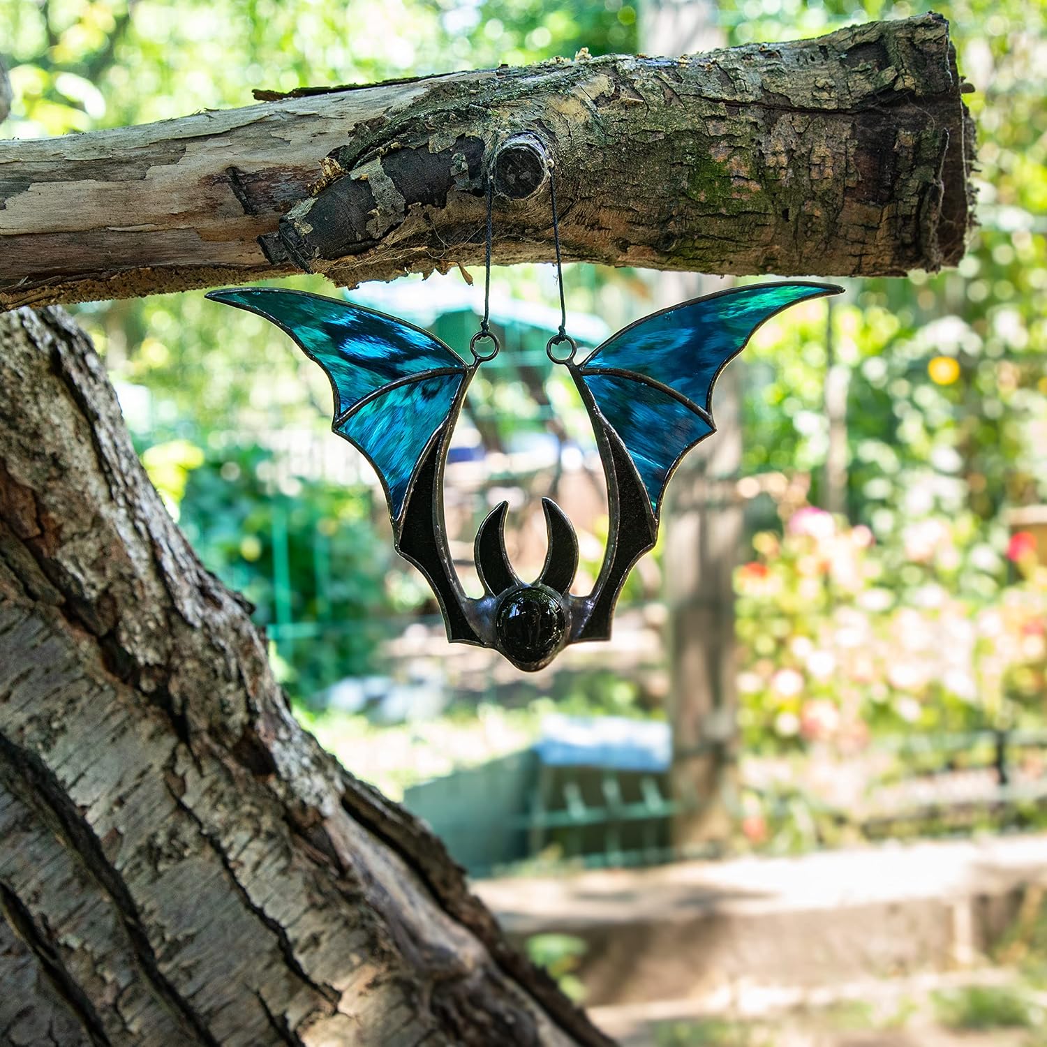 Halloween Multicolor Bats Stained Glass Window Hangings Ornament Suncatcher Windows Doors Room Home Decoration Black Cat Halloween Decor Spooky Goth Decor Bat (Blue)