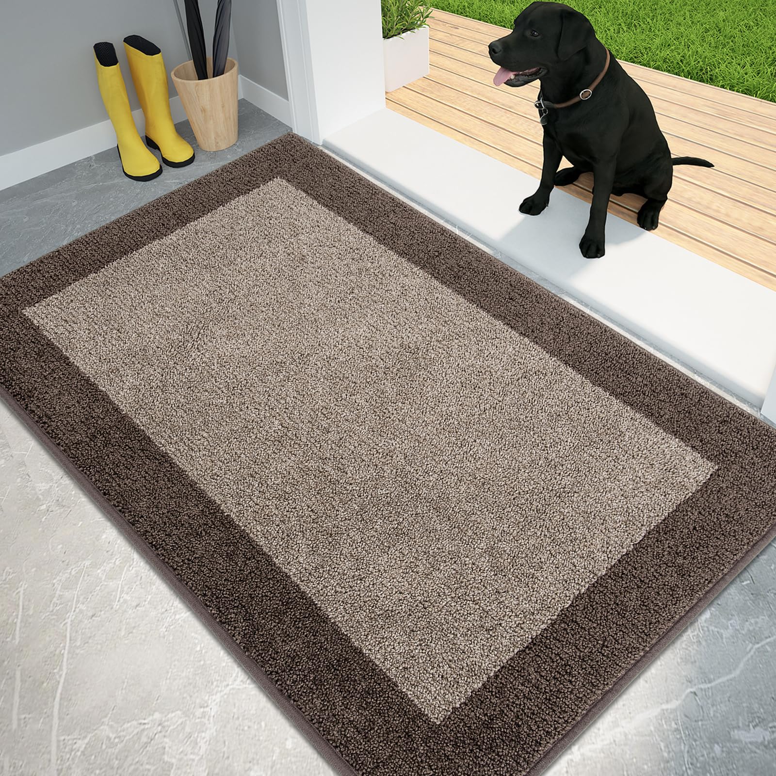 PURRUGS Dirt Trapper Door Mat 32" x 48", Non-Slip/Skid Machine Washable Entryway Rug, Shoes Scraper, Throw Rug, Super Absorbent Area Rug for Muddy Wet Shoes and Paws, Beige & Grayish Brown