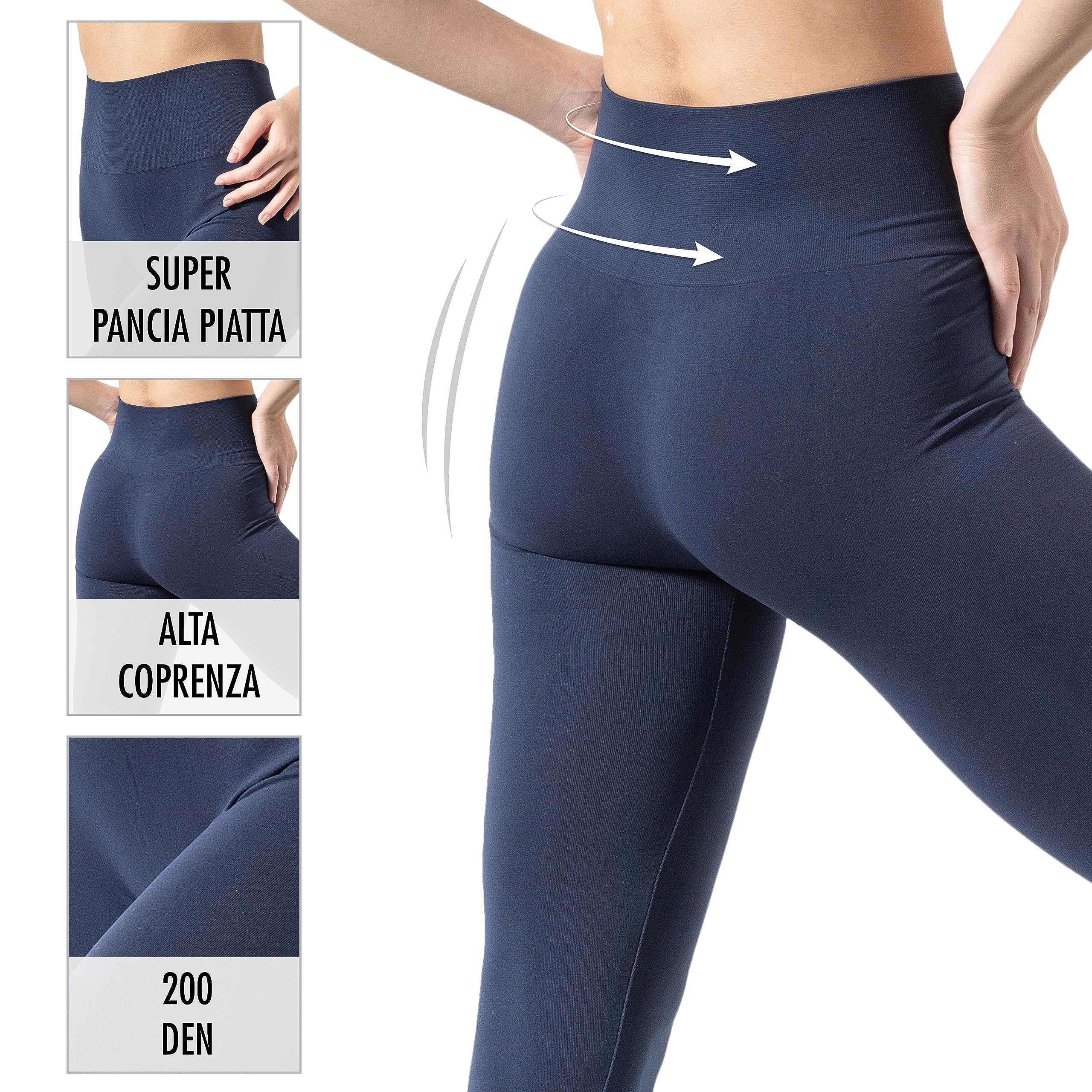 Risalti Leggings Donna Pancia Piatta Plus Coprente - Leggins a Vita Alta Contenitiva Elasticizzati in Microfibra, Leggins Sportivi Donna Opaco Senza Cuciture - Made in Italy
