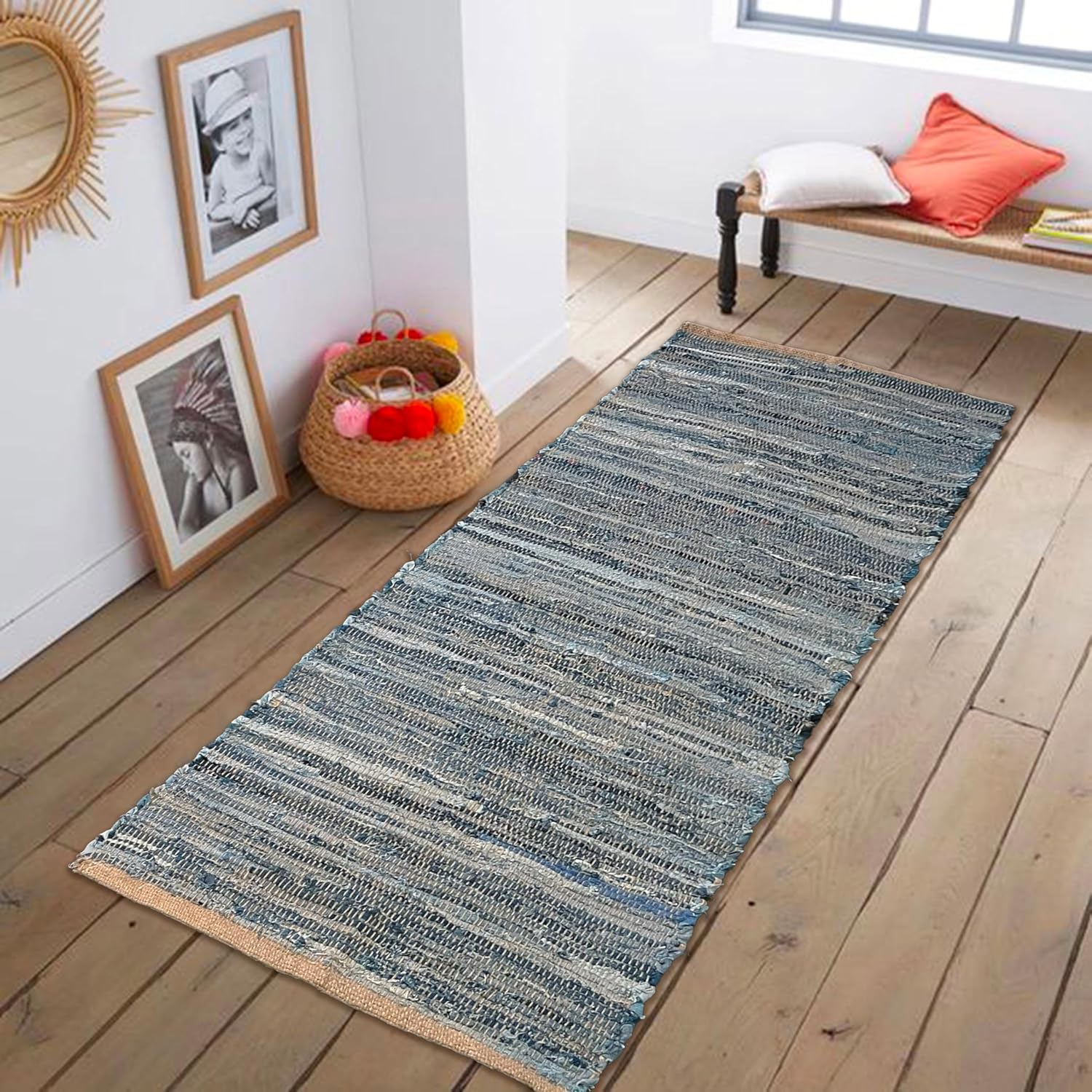 Chardin home Farmhouse Rag Rug Runner 2x5 feet Denim Blue | Cotton & Jute Hand Woven Chindi Rug, Long Boho Rug | Perfect for Hallways, Kitchens, Bathroom, bedrooms | Shades of Blue - Image 2