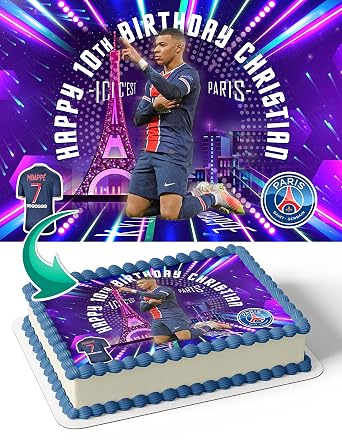 CAKECERY Kylian Mbappe PSG Paris Soccer Edible Cake Image Topper Personalized Birthday Cake Banner 1/4 Sheet
