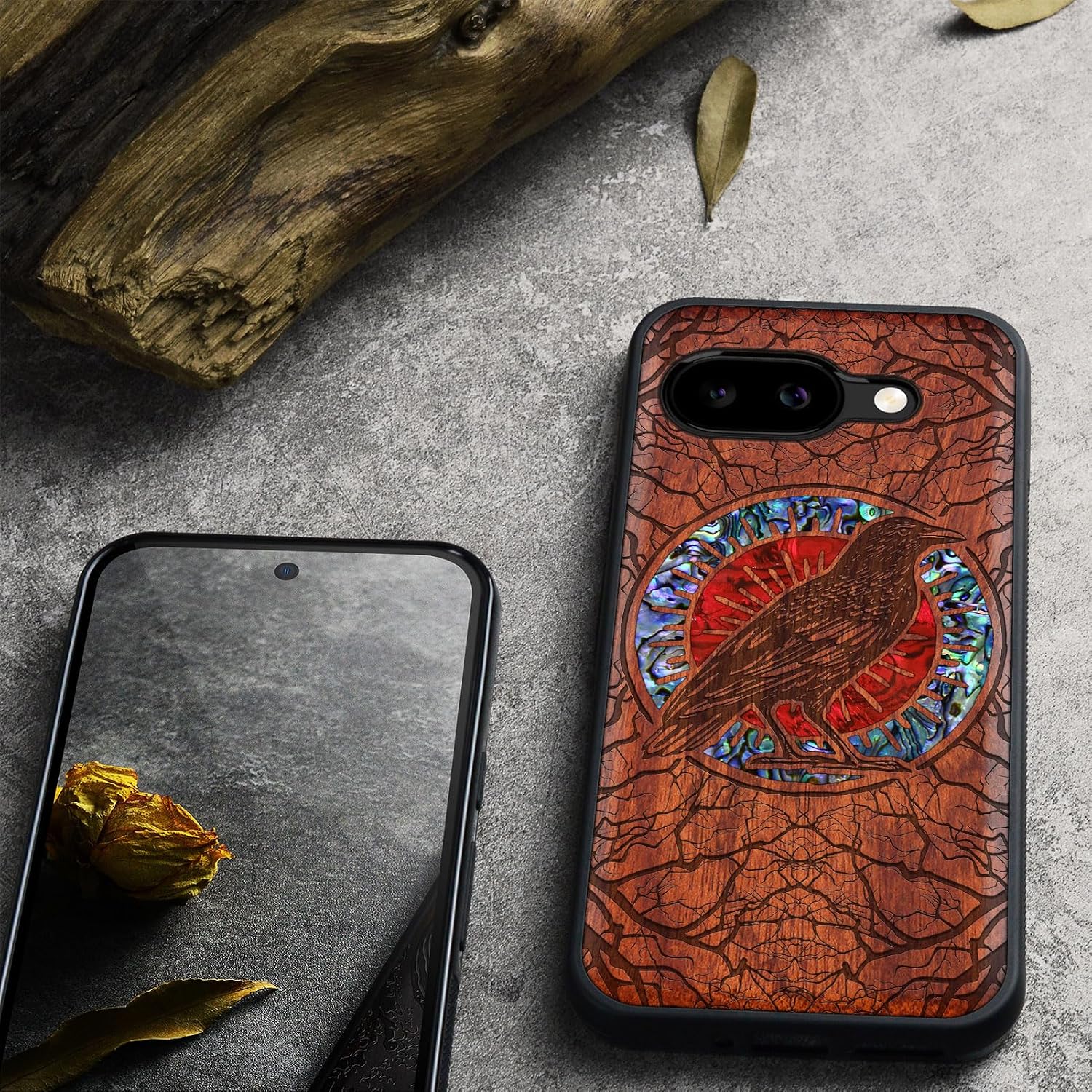 Carveit Magnetic Wooden Case for Google Pixel 9a Case, Wood Artisan Engraved & Handmade Shell Inlaid, Compatible with MagSafe Wireless Chargers (The Haloed Crow) Rosy
