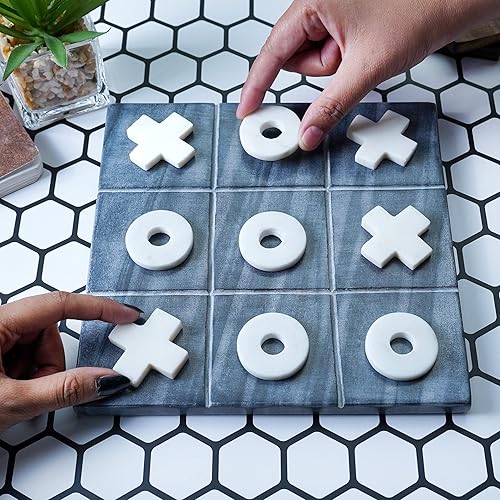 Miniatura 2 de Crocon Juego de mármol Tic Tac Toe para niños mayores, tablero negro Tic Tac con mármol blanco cero y dedo cruzado para un buen tamaño de juego 8 x