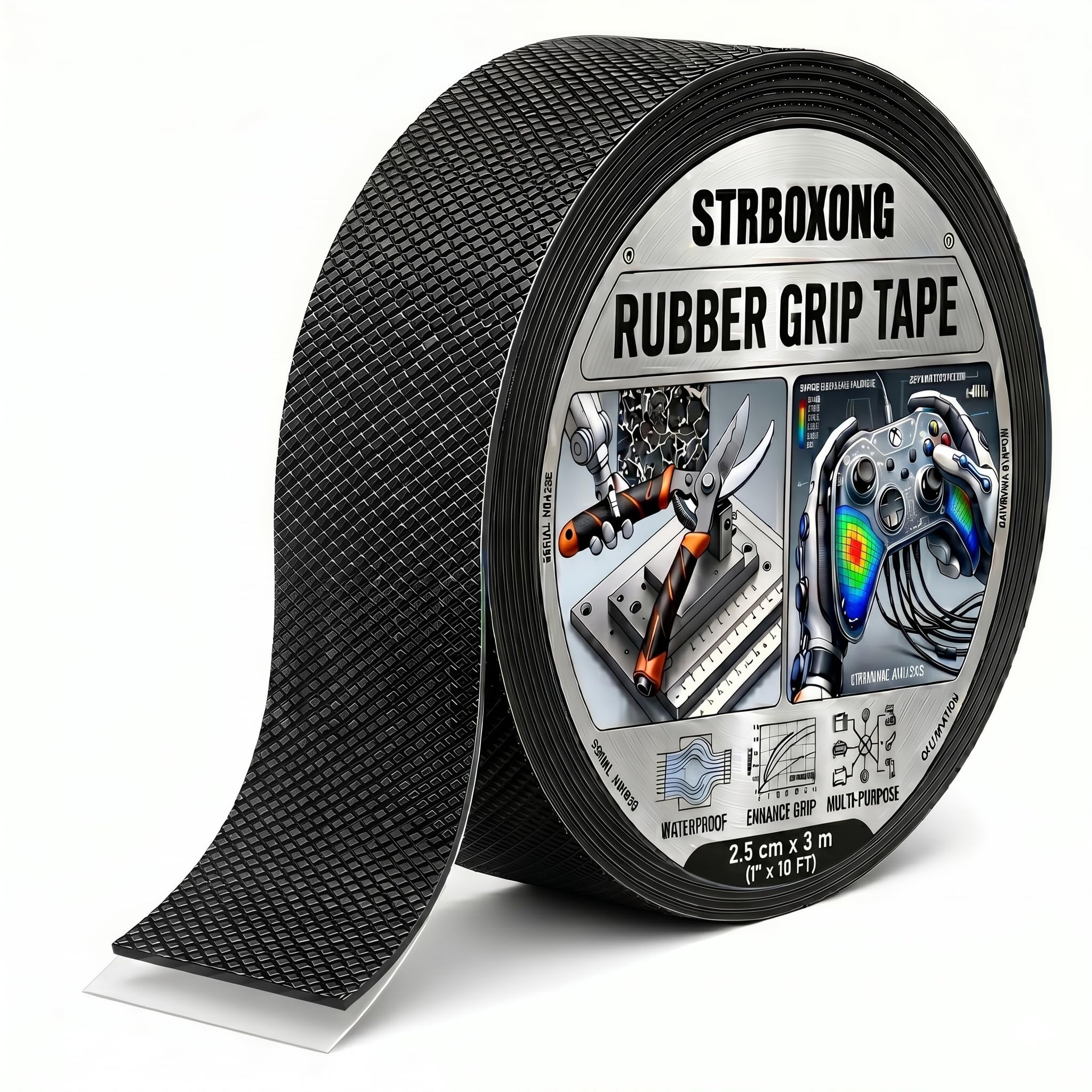 STRBOXONG Rubber Grip Tape, Anti Slip Tape for Handles, Non Slip Rubber Tape Self Adhesive Strip, 25mm x 3m, Waterproof Black Grip Wrap for Tool Handles, Gym Equipment & Steps